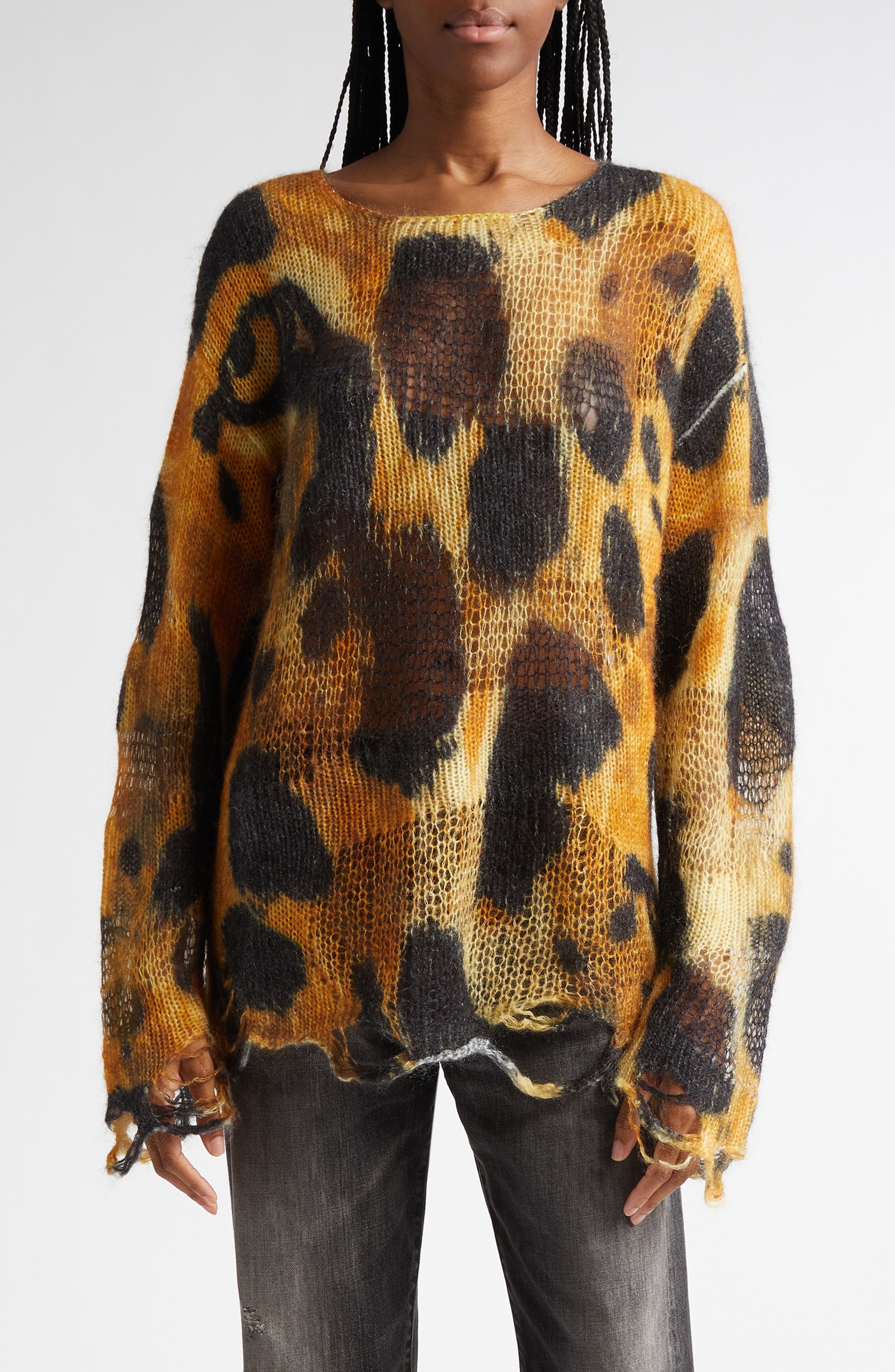R13 Distressed Leopard Print Boyfriend Sweater at Nordstrom - 1