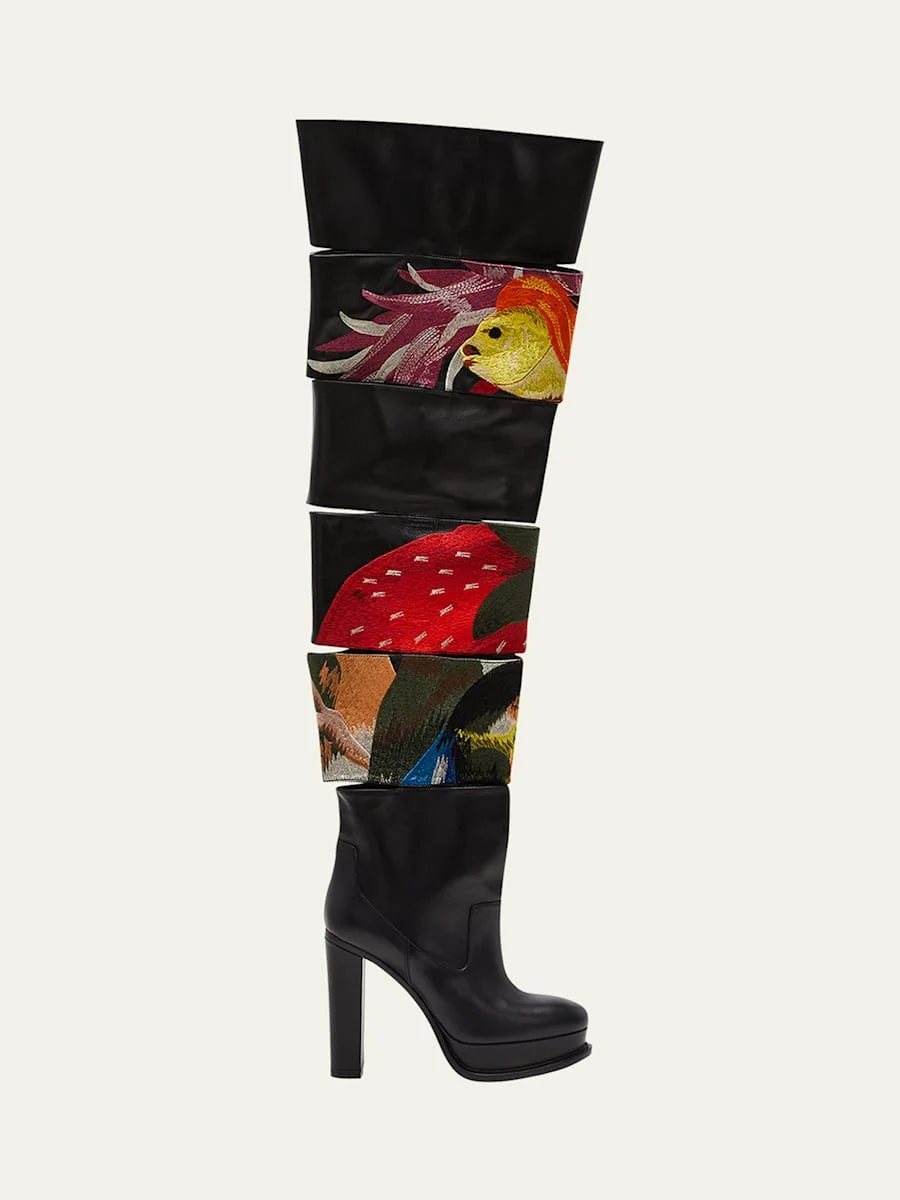 Slashed Embroidered Thigh-High Platform Boots - 1