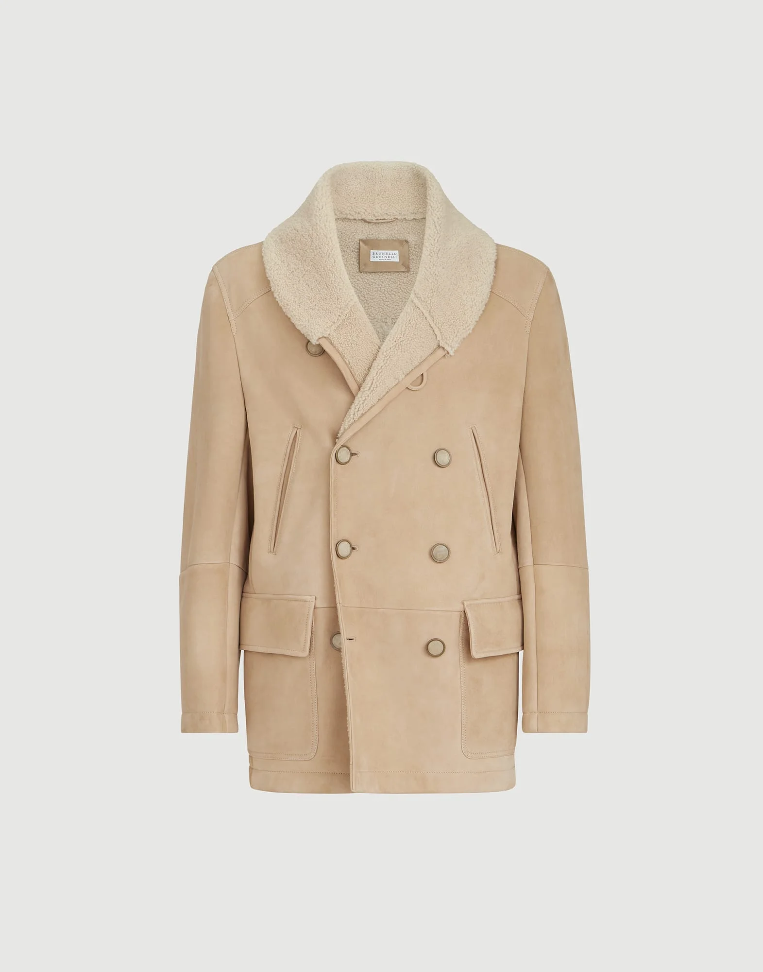 Suede curly shearling pea coat with shawl collar - 1