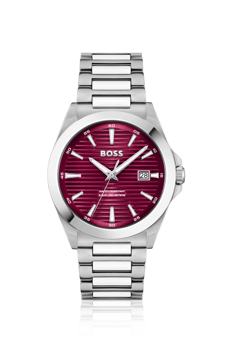 SILVER-TONE WATCH WITH BURGUNDY GROOVED DIAL 1