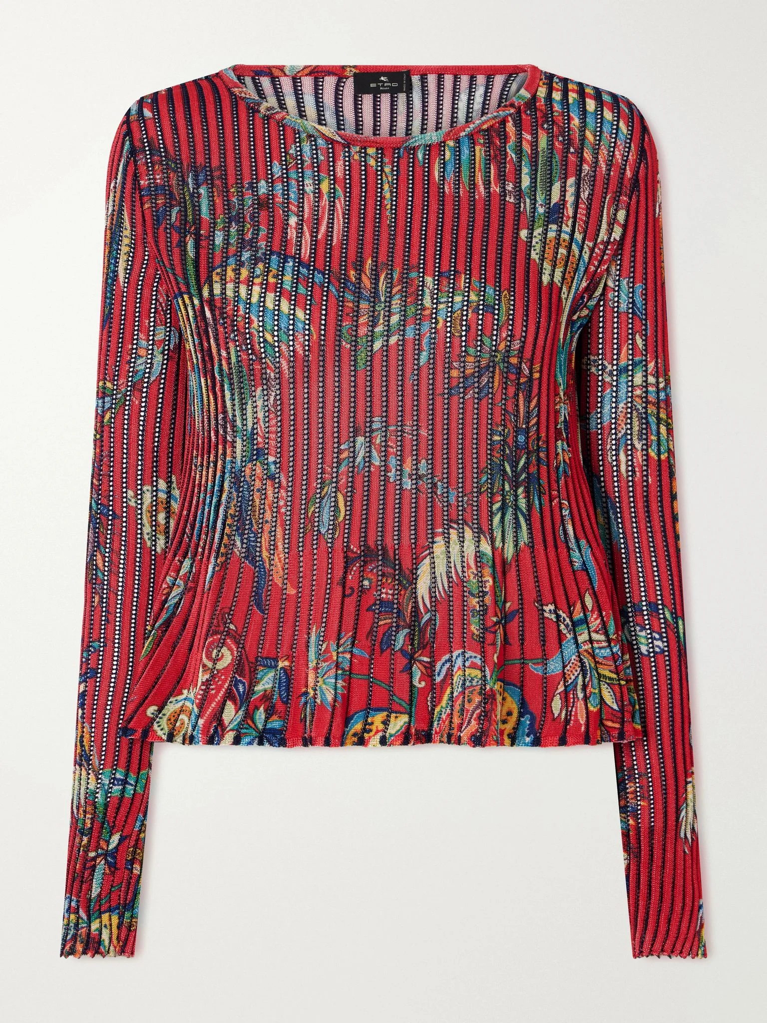 Floral-print open-knit ribbed blouse Red - 1