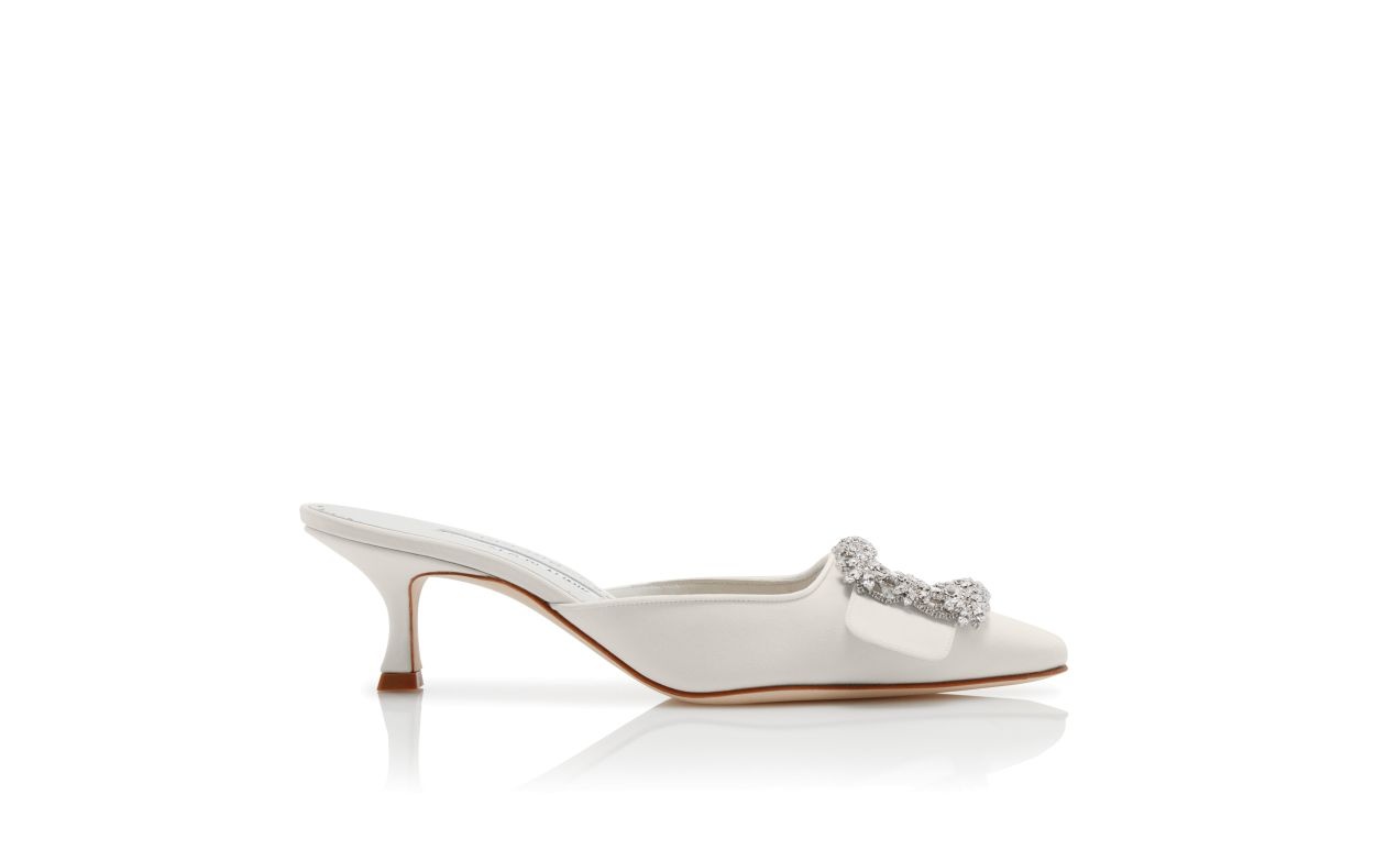 White Satin Crystal Buckle Mules - 1