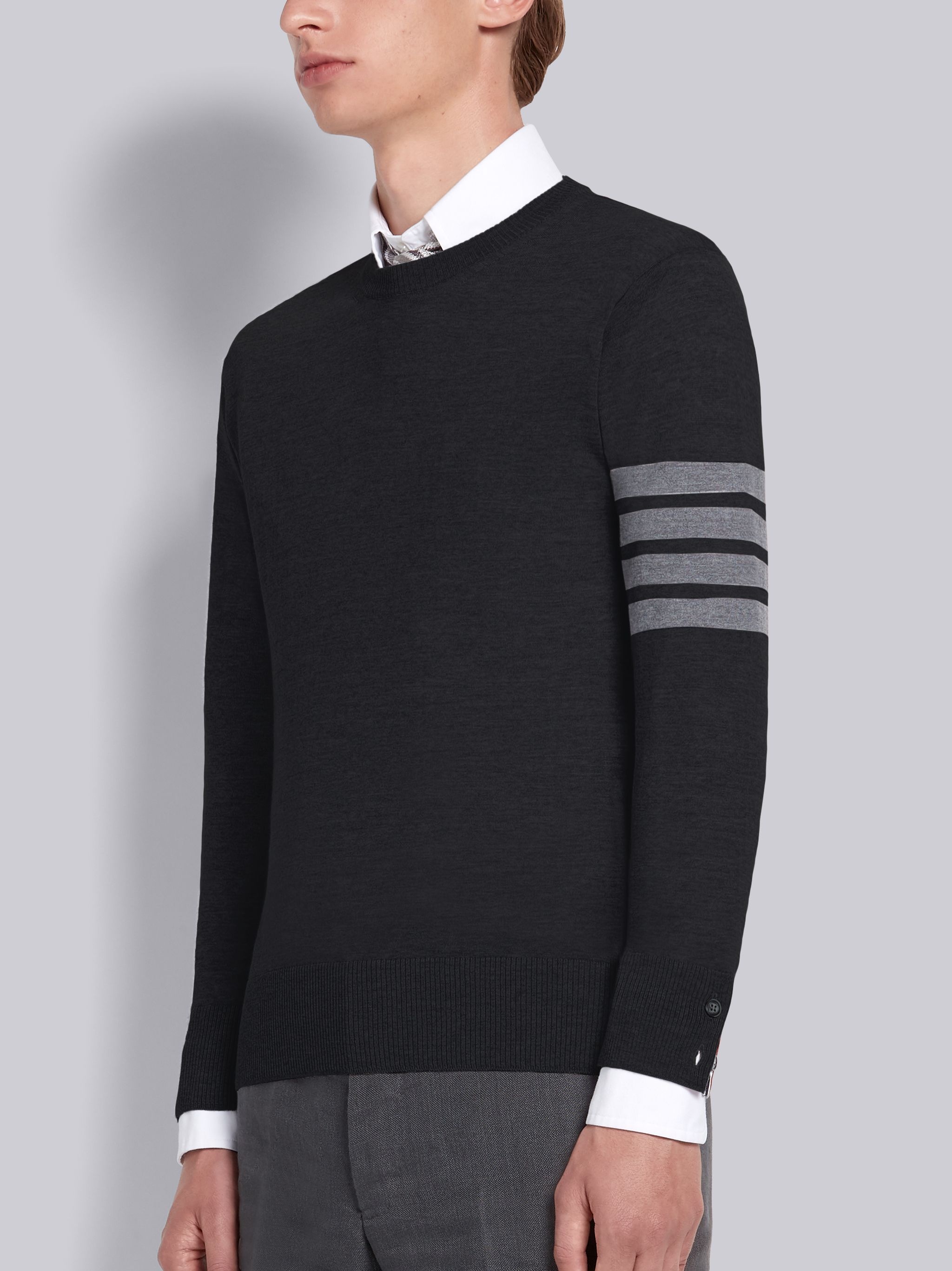 Black Fine Merino Wool 4-Bar Classic Crewneck Pullover - 2