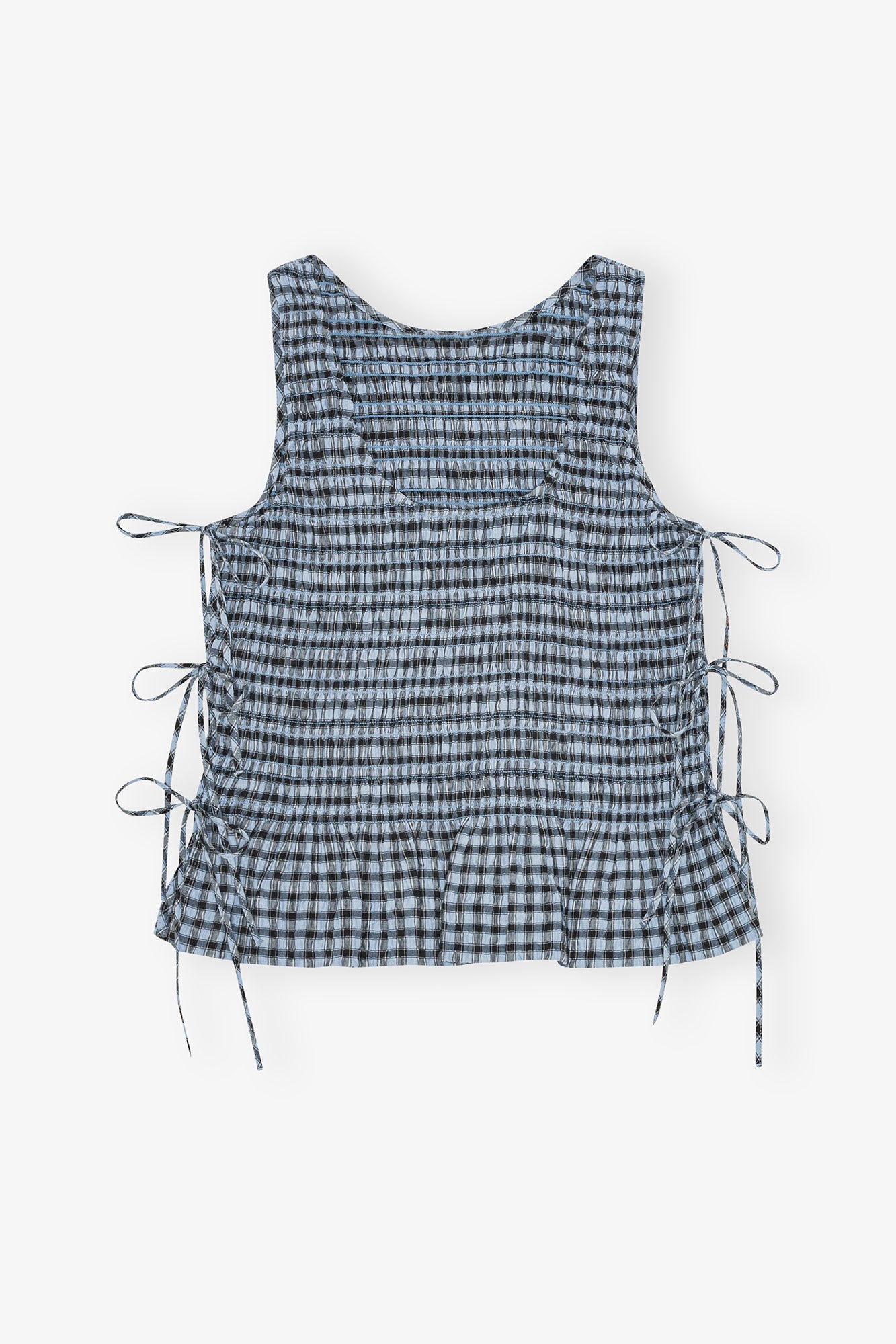 BLUE SEERSUCKER CHECK SMOCK TIE STRING TOP - 6