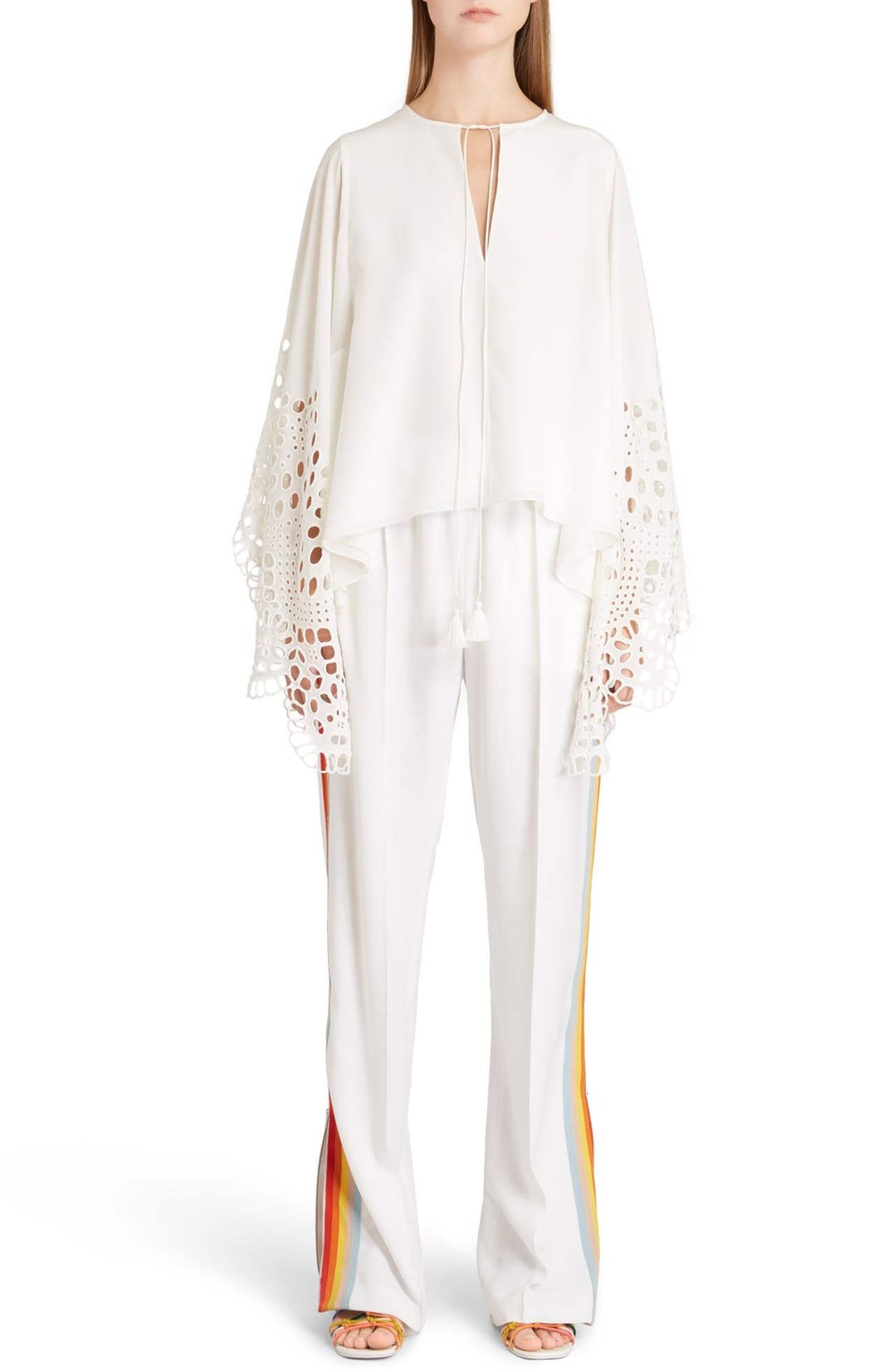 Chloé Broderie Anglaise Angel Sleeve Silk Blouse in Milk at Nordstrom - 1