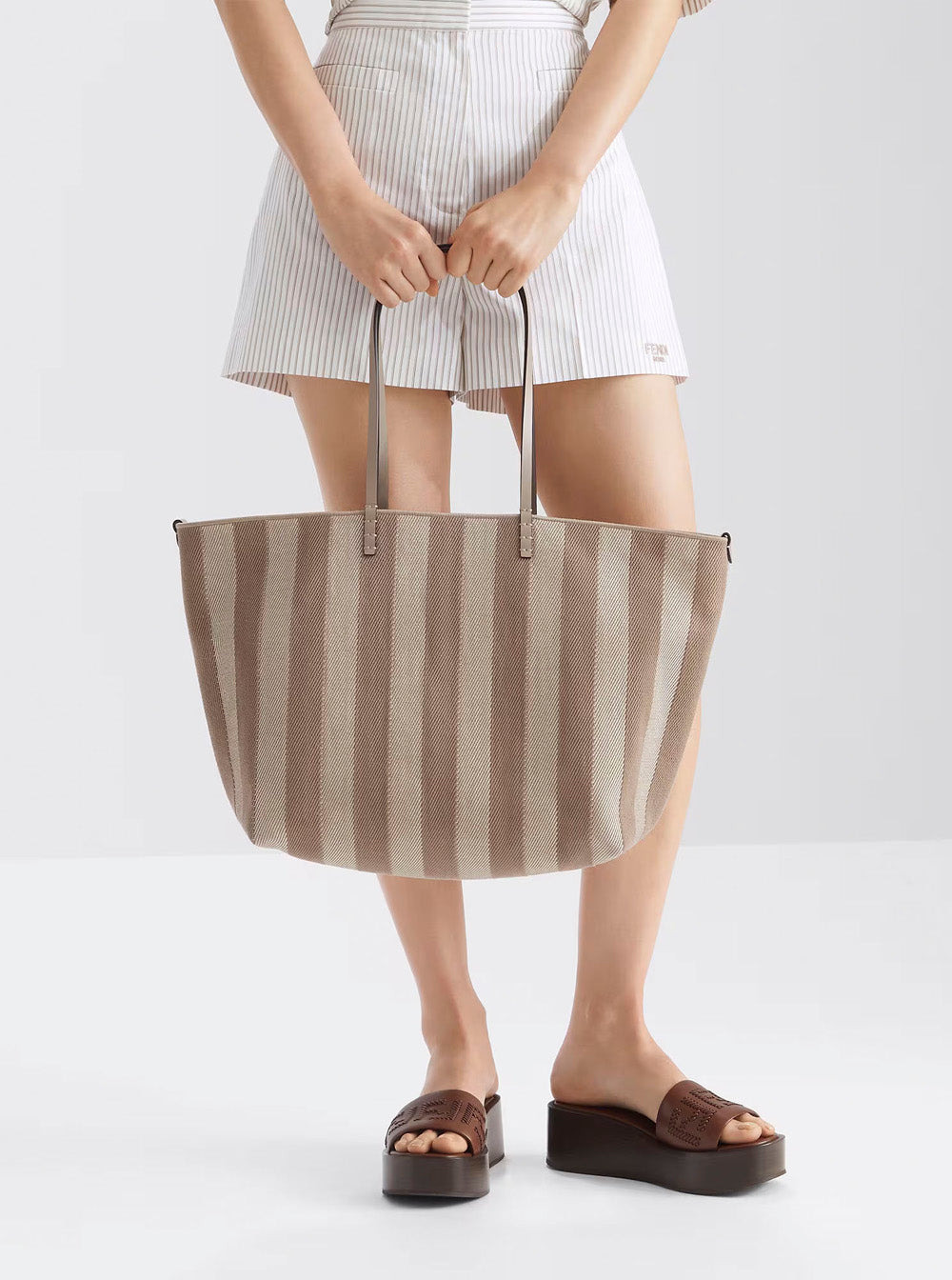 Fendi Women 'Roll' Beige Reversible Tote Bag With Two Top Handles And All-Over Striped Motif In Cott - 6