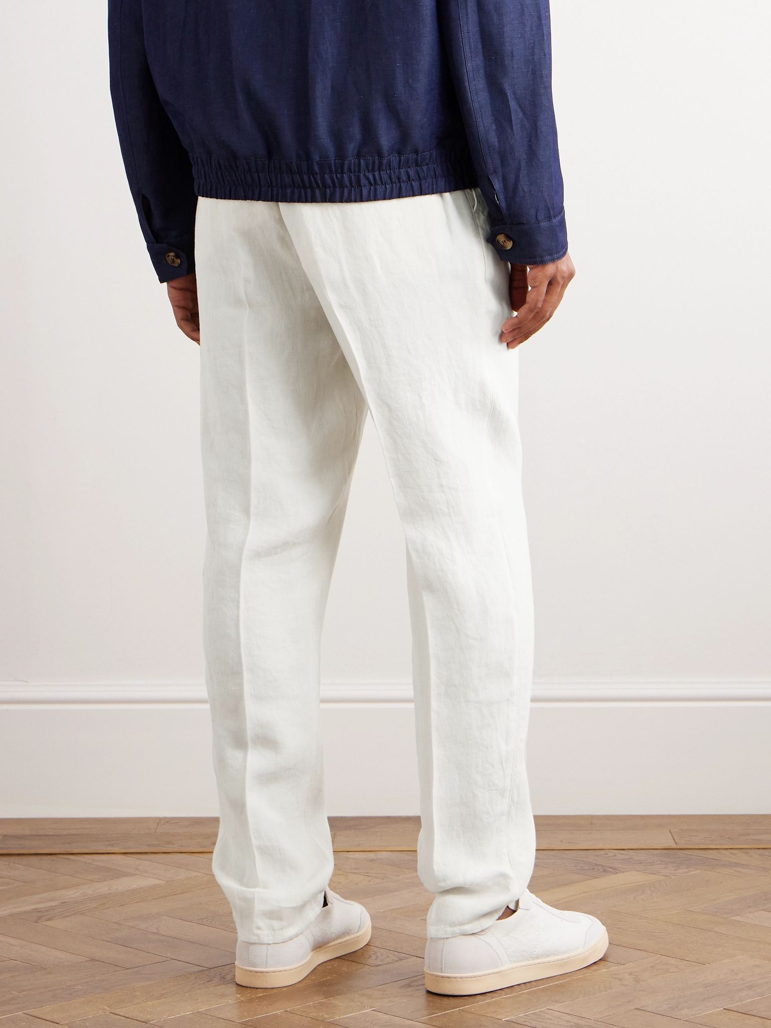 Straight-Leg Pleated Linen-Twill Drawstring Trousers White - 3