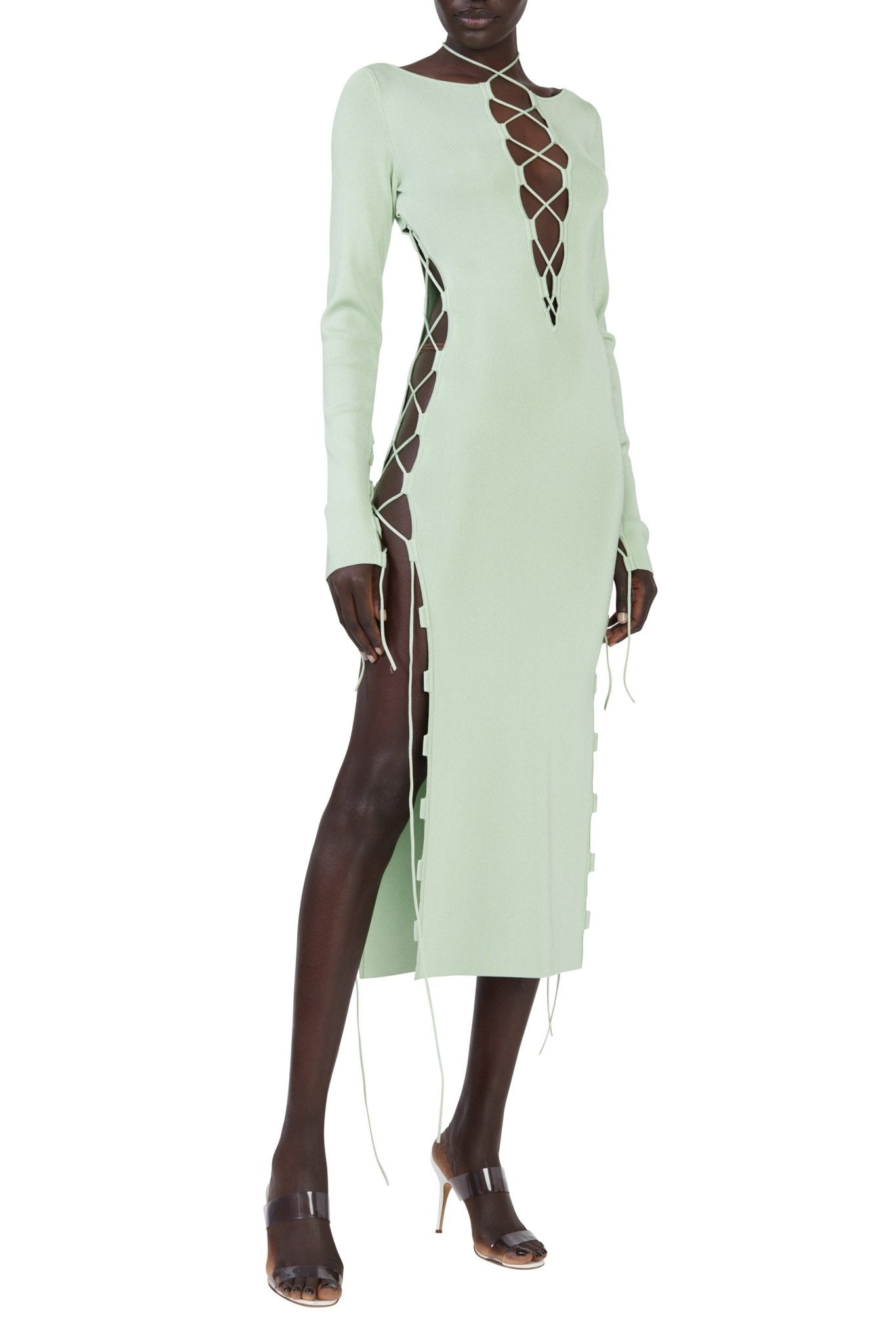 Shiny Viscose Longsleeve Lace Up Dress - 3
