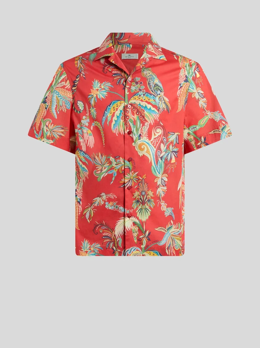 COTTON BOWLING SHIRT WITH PLACED PARROT AND PALM TREE PRINT - 1