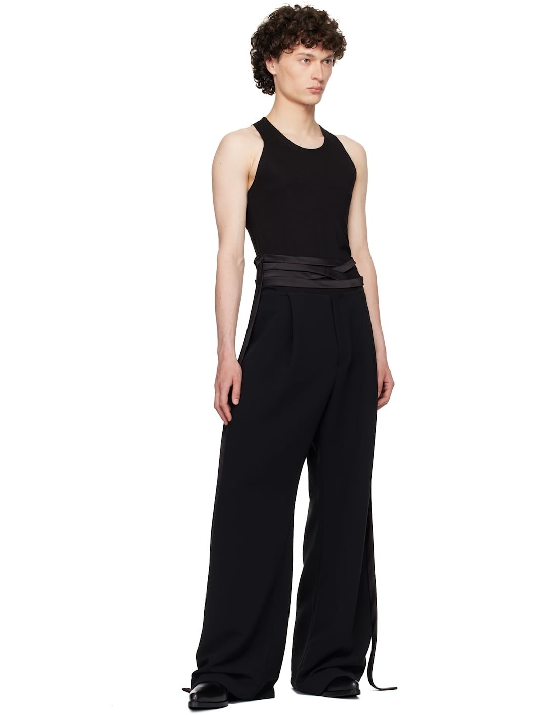 Black Satin Tie Jersey Tank Top - 5