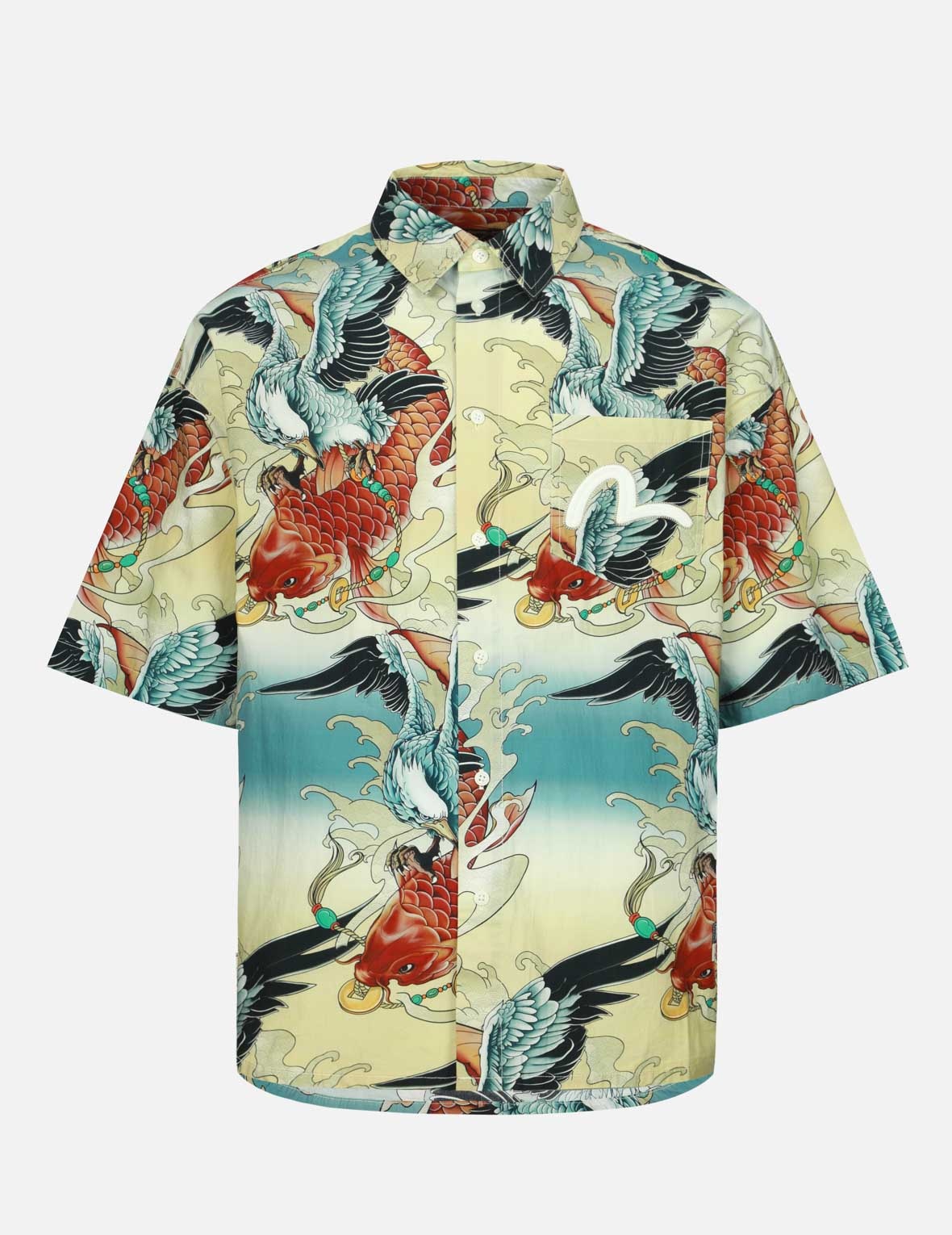 COLORFUL SEAGULL AND CARP PRINT LOOSE FIT SHORT SLEEVE SHIRT - 1