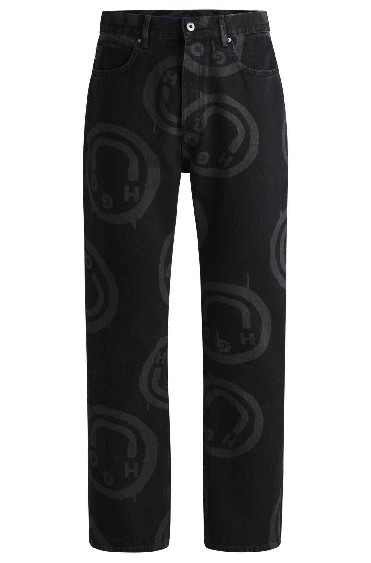BLACK BAGGY-FIT JEANS WITH HAPPY HUGO PRINT - 1