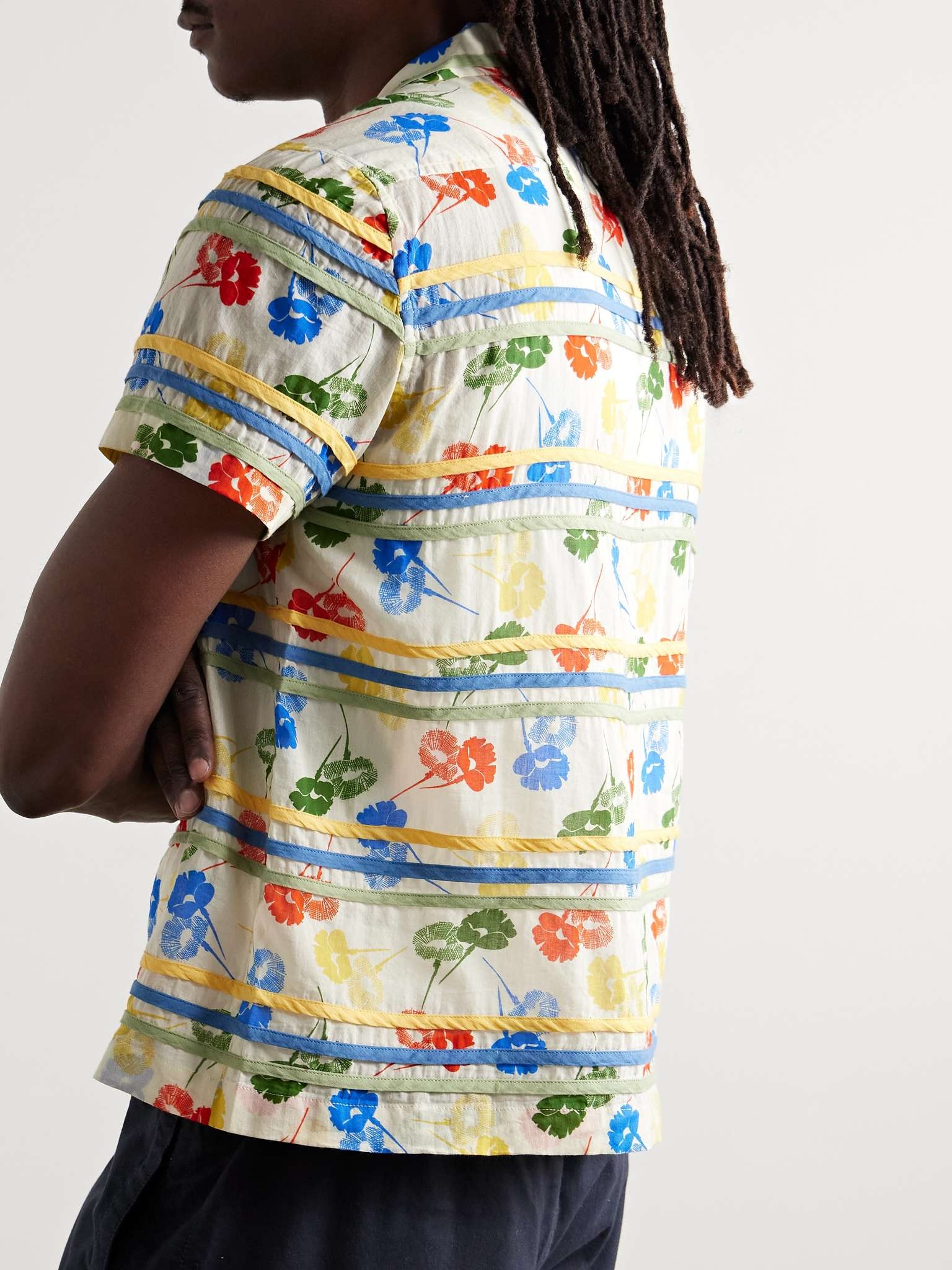 Flower Stamp Camp-Collar Appliquéd Printed Cotton-Gauze Shirt - 3