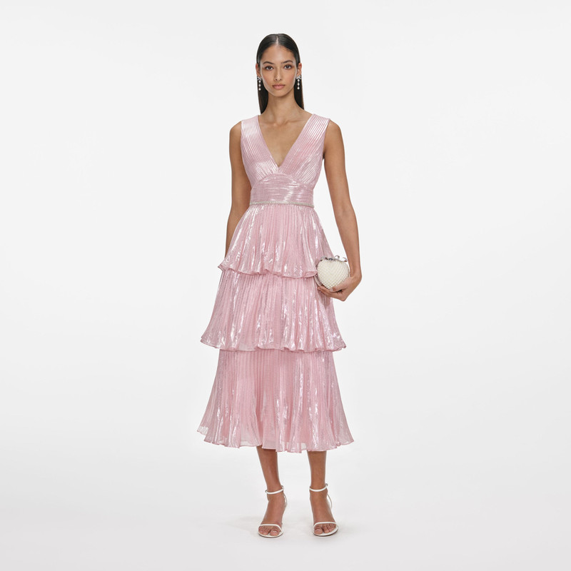Pink Metallic Tiered Midi Dress - 1