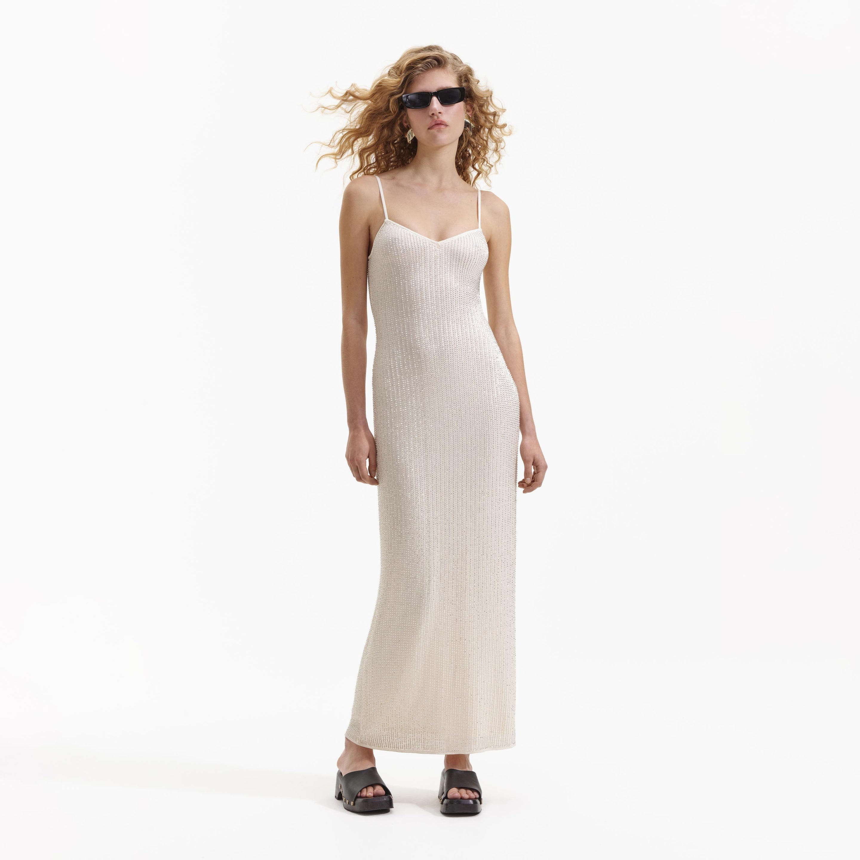 Cream Beaded Mesh Maxi Dress - 1