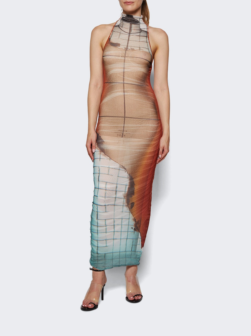 Mesh High Neck Long Dress Fire Print - 5