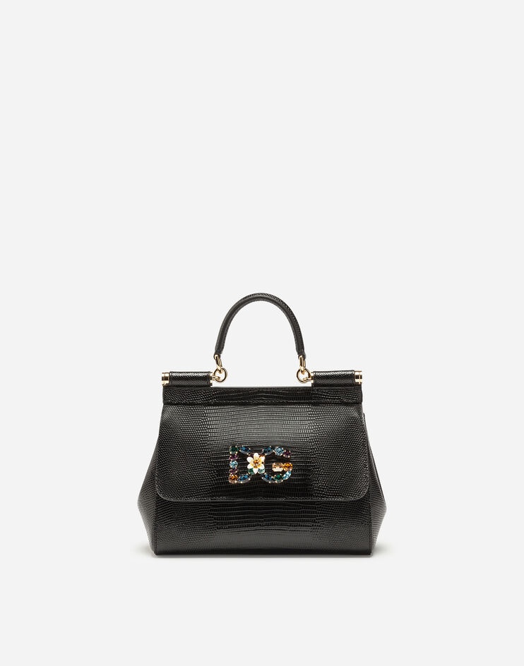 Dolce & Gabbana Small Iguana Print Calfskin Sicily Bag With Crystal Dg Logo  Patch in Blue