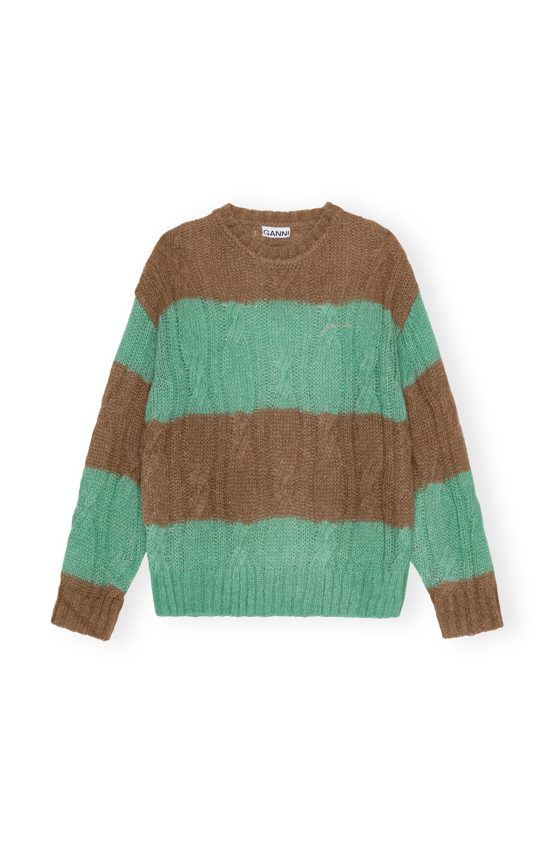 STRIPED MOHAIR CABLE O-NECK SWEATER - 1