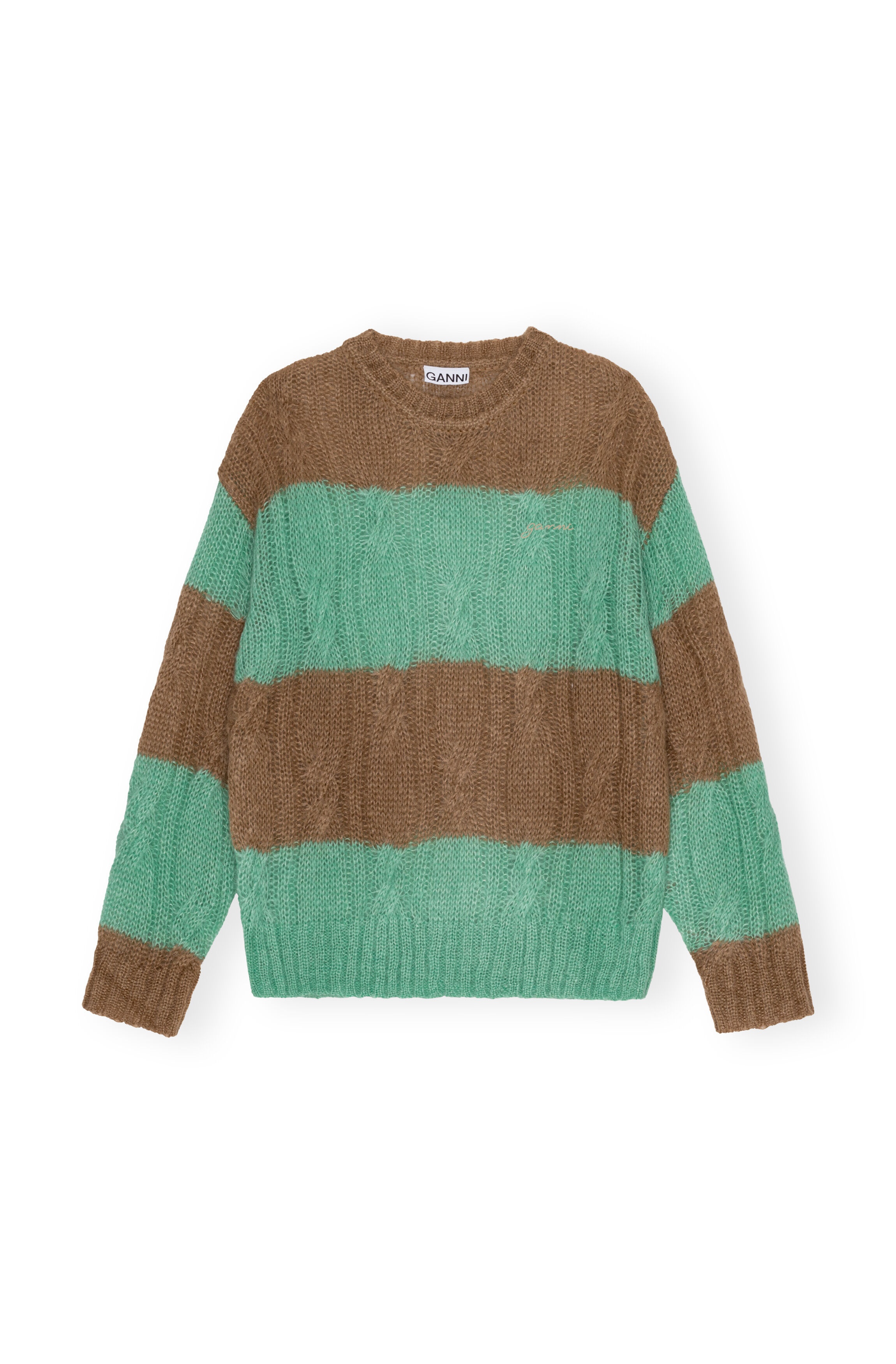 STRIPED MOHAIR CABLE O-NECK SWEATER - 6