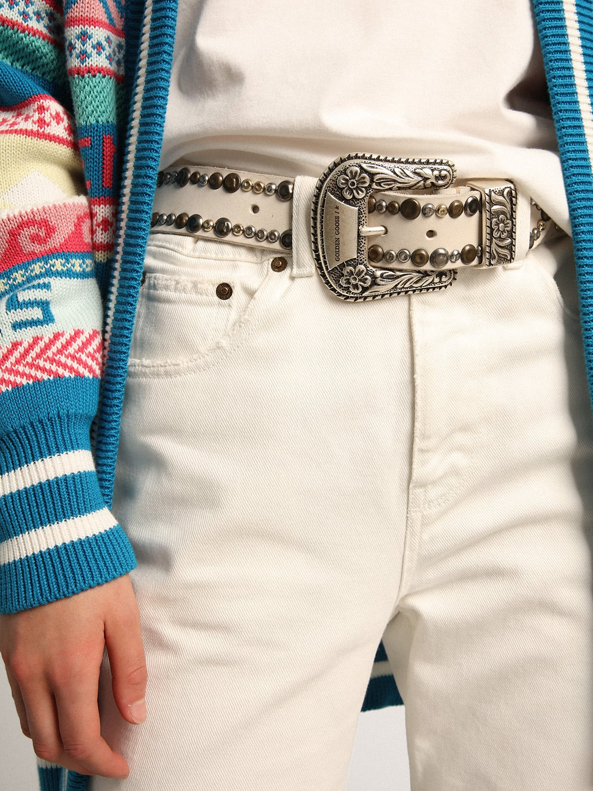 Women's belt in white leather with colored studs - 3