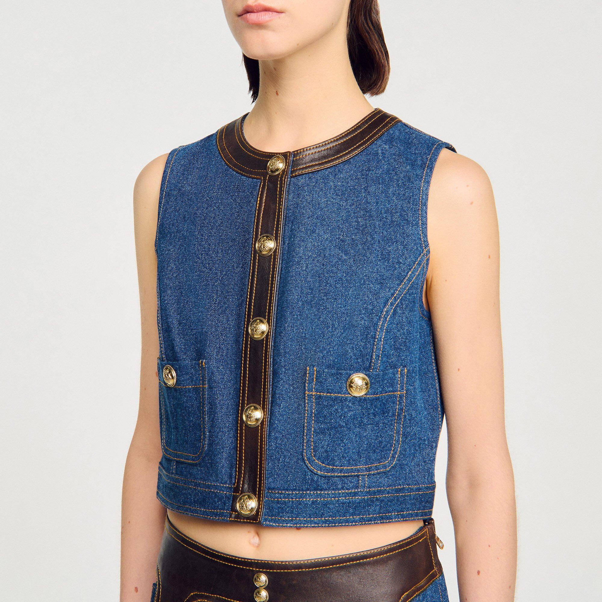 DENIM AND LEATHER TOP - 3