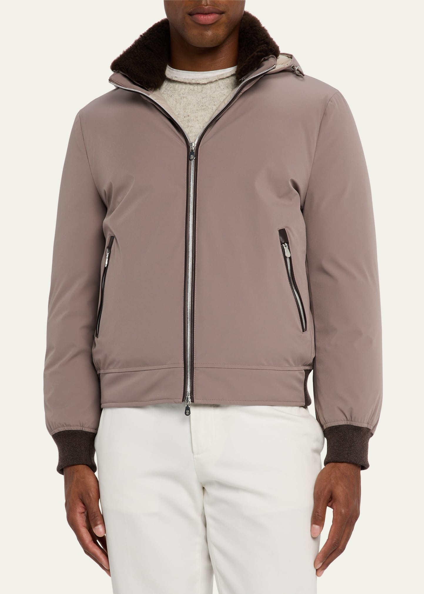 Men's Full-Zip Nylon and Shearling Jacket with Detachable Hood - 4