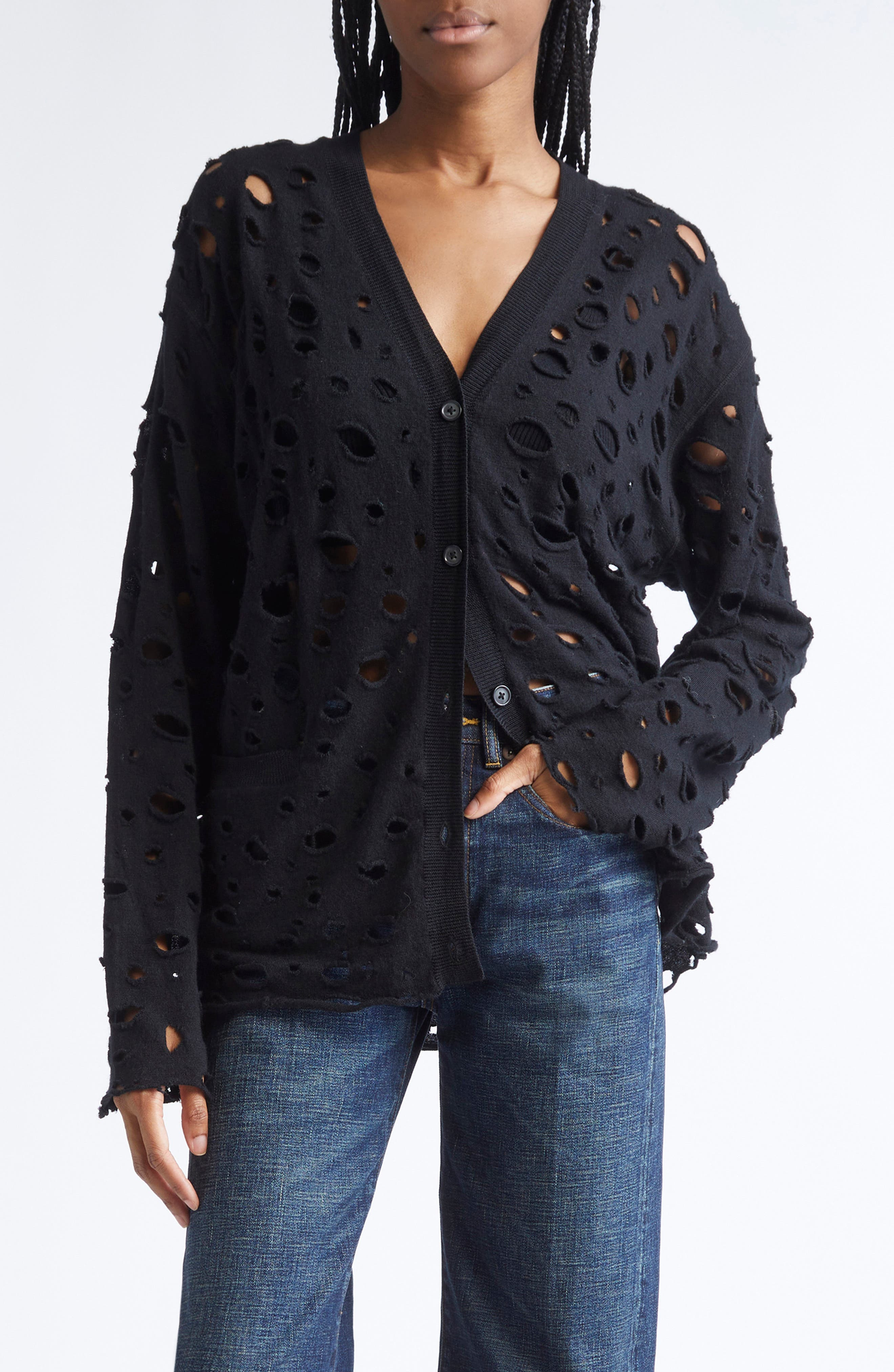 R13 Ripped Merio Wool Boyfrined Cardigan in Black at Nordstrom - 1