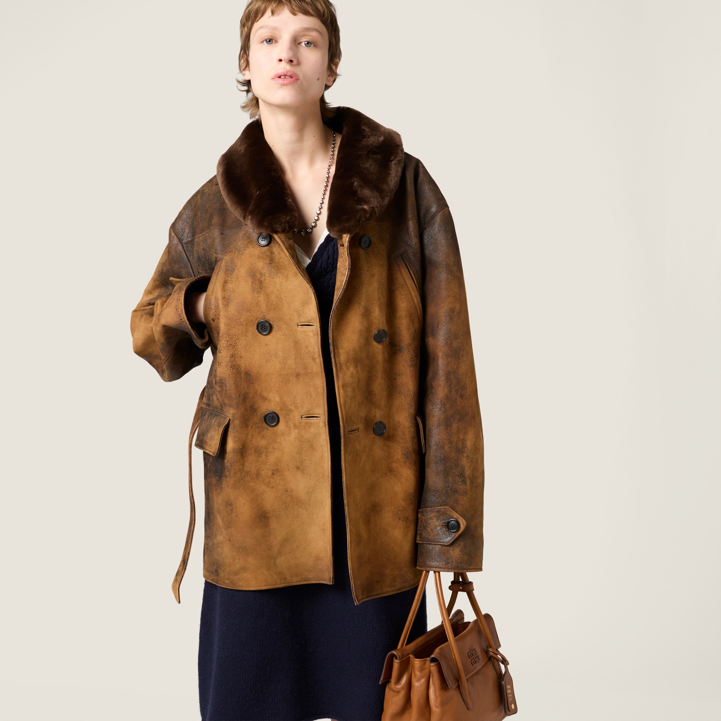 Double-breasted waxed suede caban jacket - 6