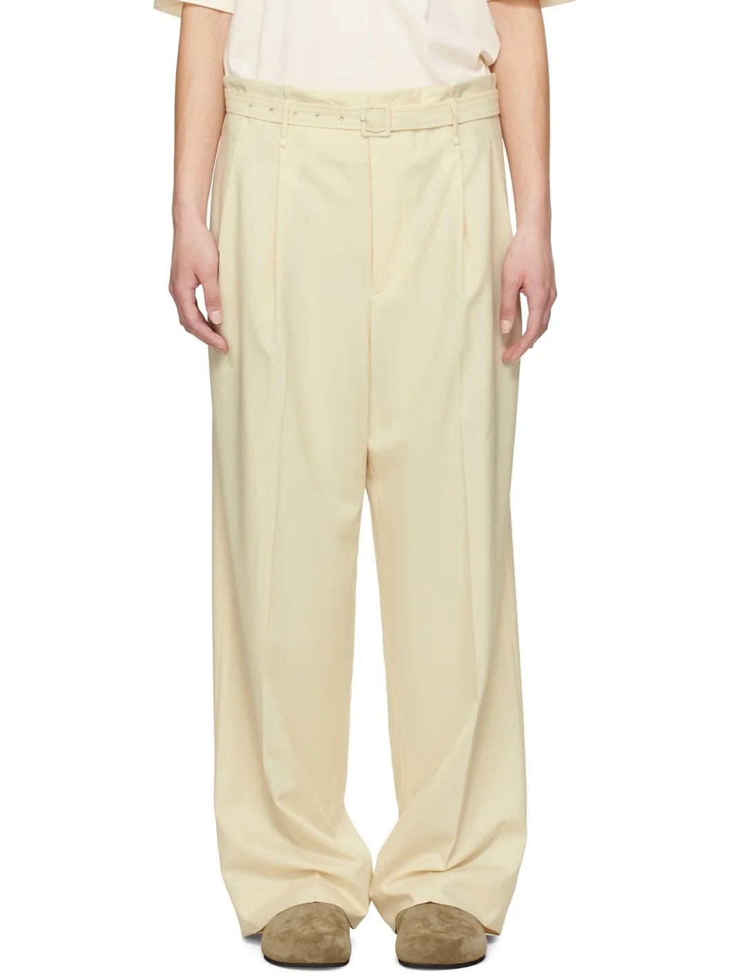 Beige Super Fine Tropical Wool Two-Tuck Trousers - 1