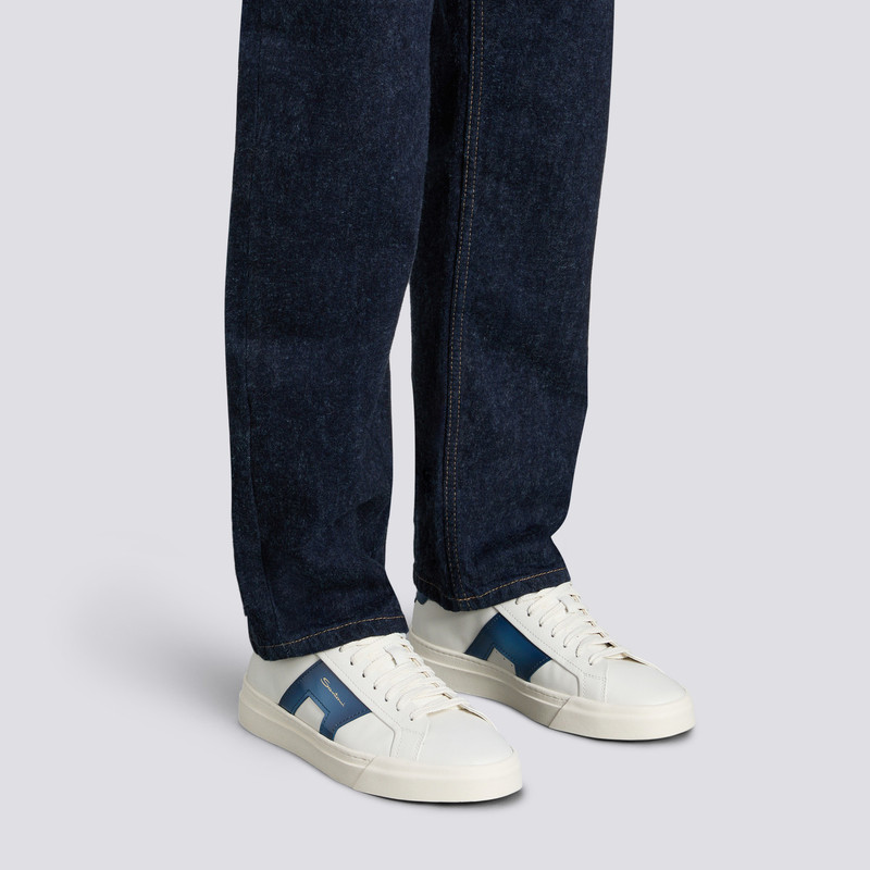 Santoni Men’s white and blue leather double buckle sneaker outlook