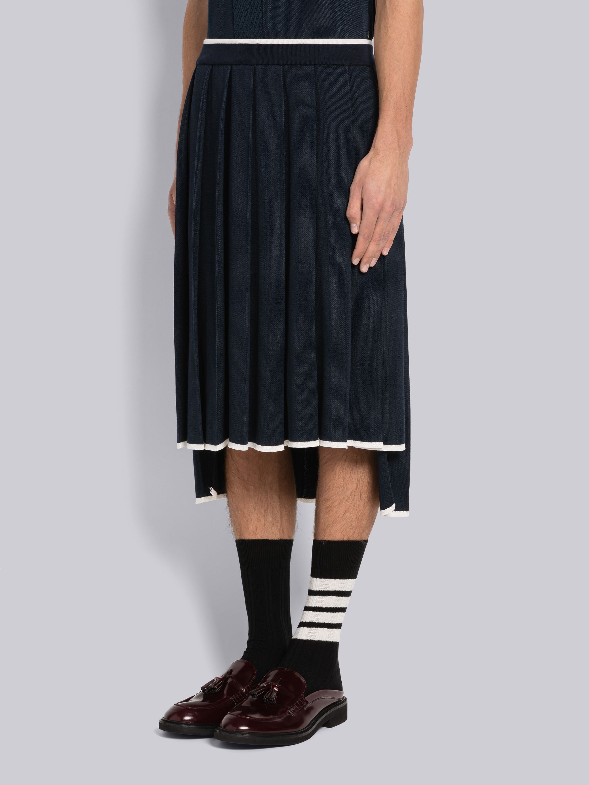 Birdseye Jacquard Stripe Below The Knee Pleated Skirt - 2