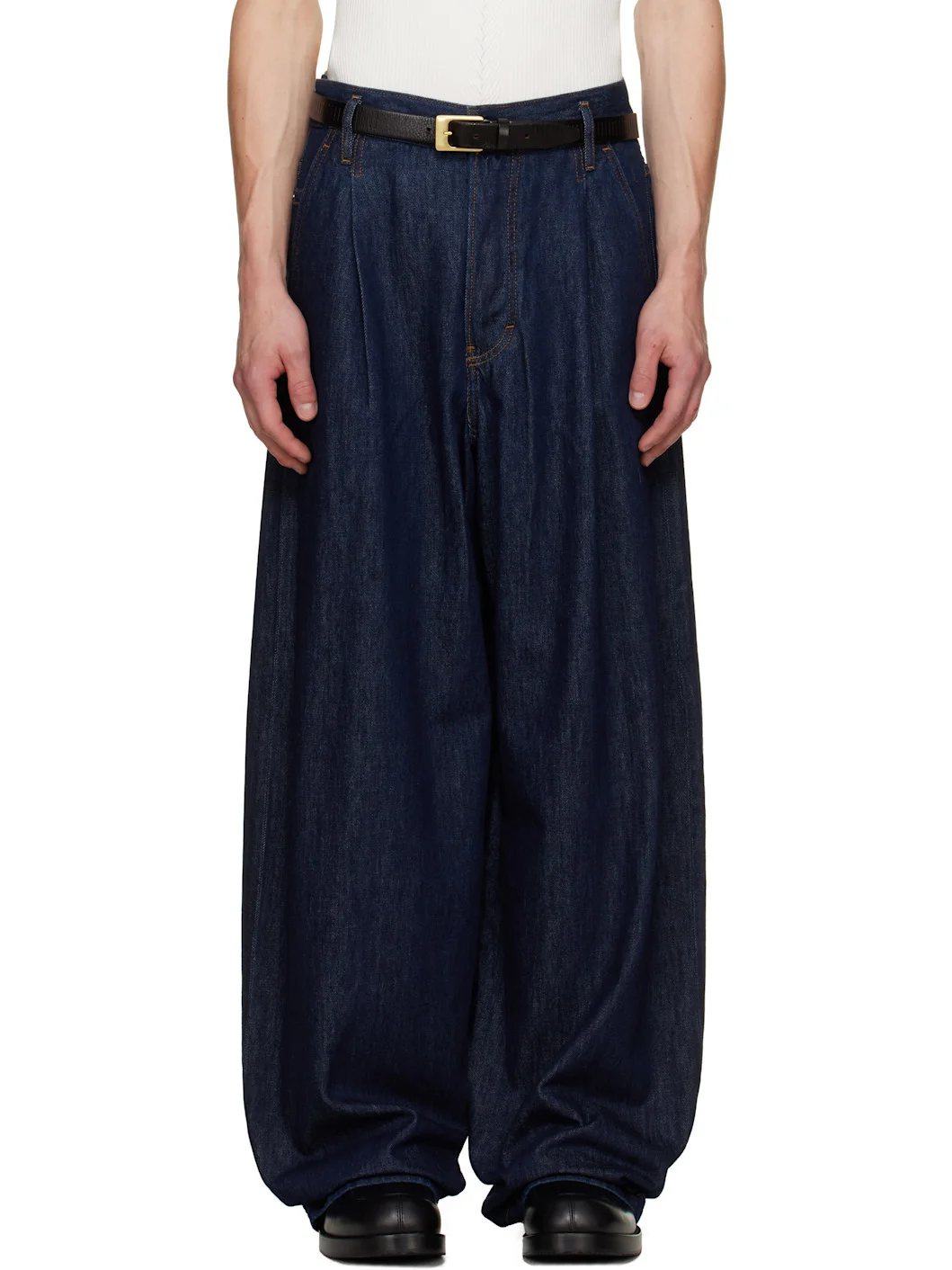 Navy Pleated Jeans - 1