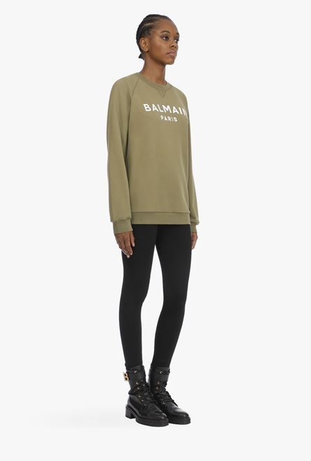 Khaki cotton sweatshirt with white Balmain logo - 7