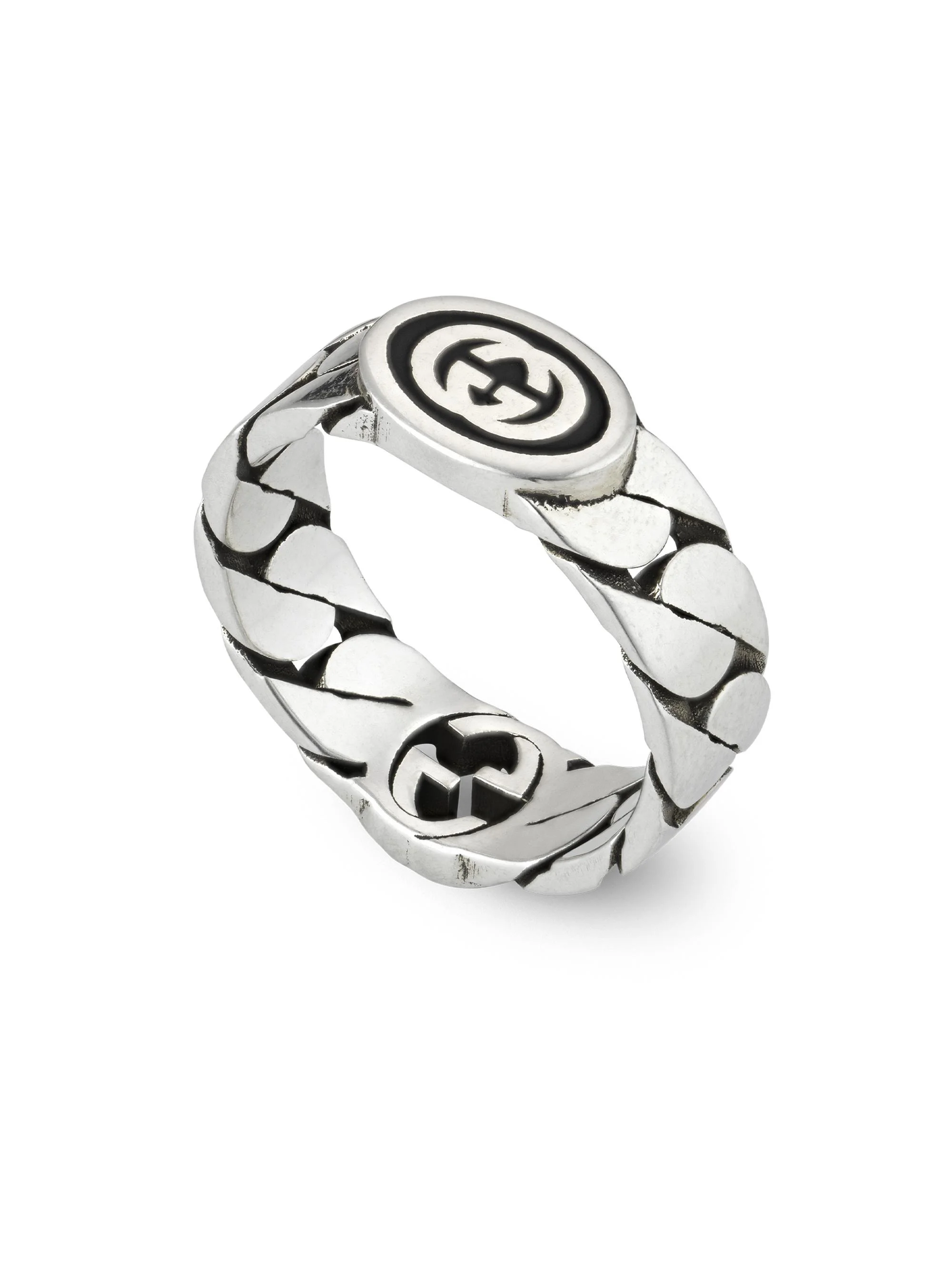 Men's Interlocking G Ring Gourmette Sterling Silver & Enamel Ring - Silver - 1