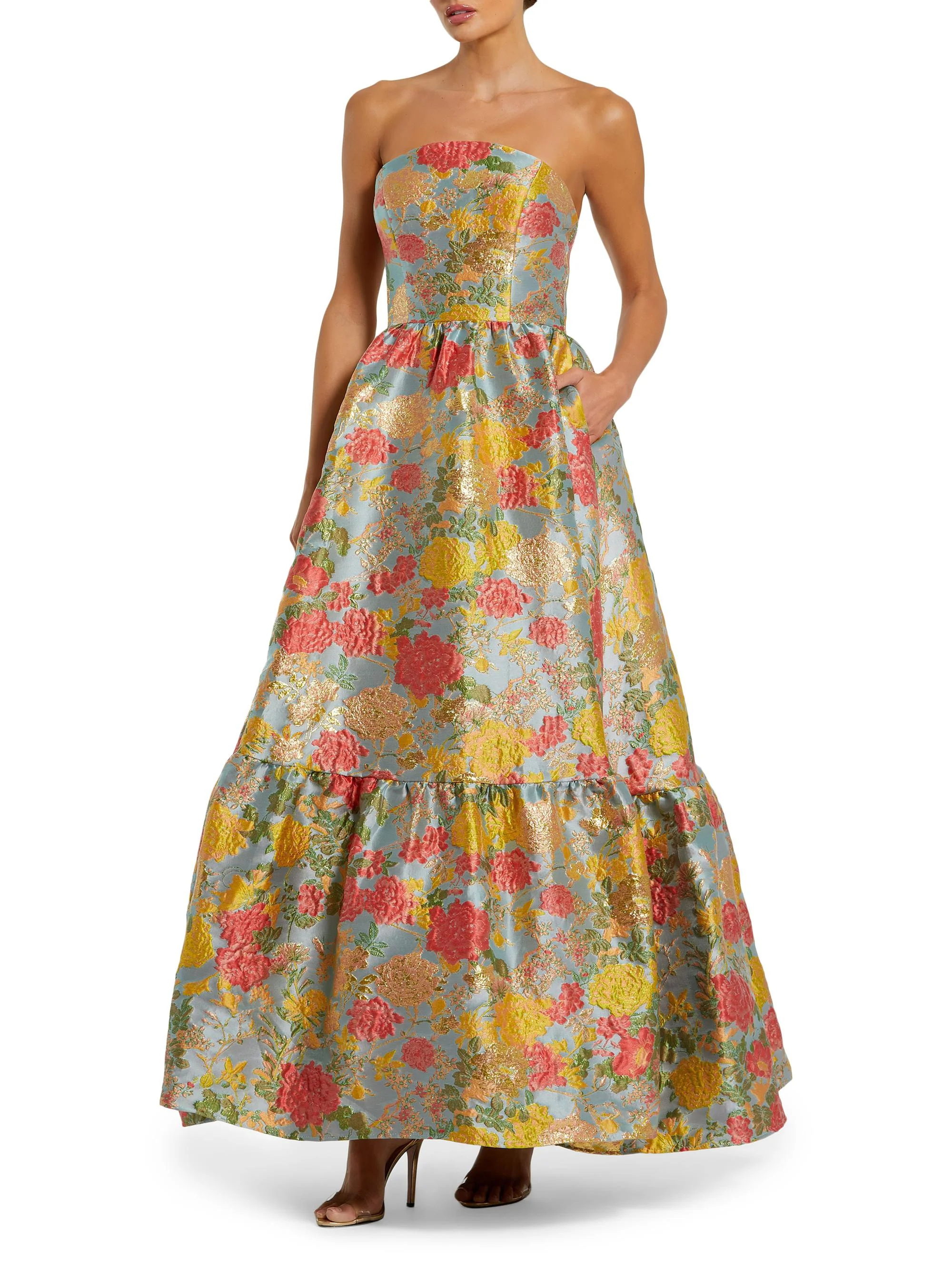 Women's Floral Brocade Ruffle-Hem Strapless Gown - Turquoise Mutli - 1