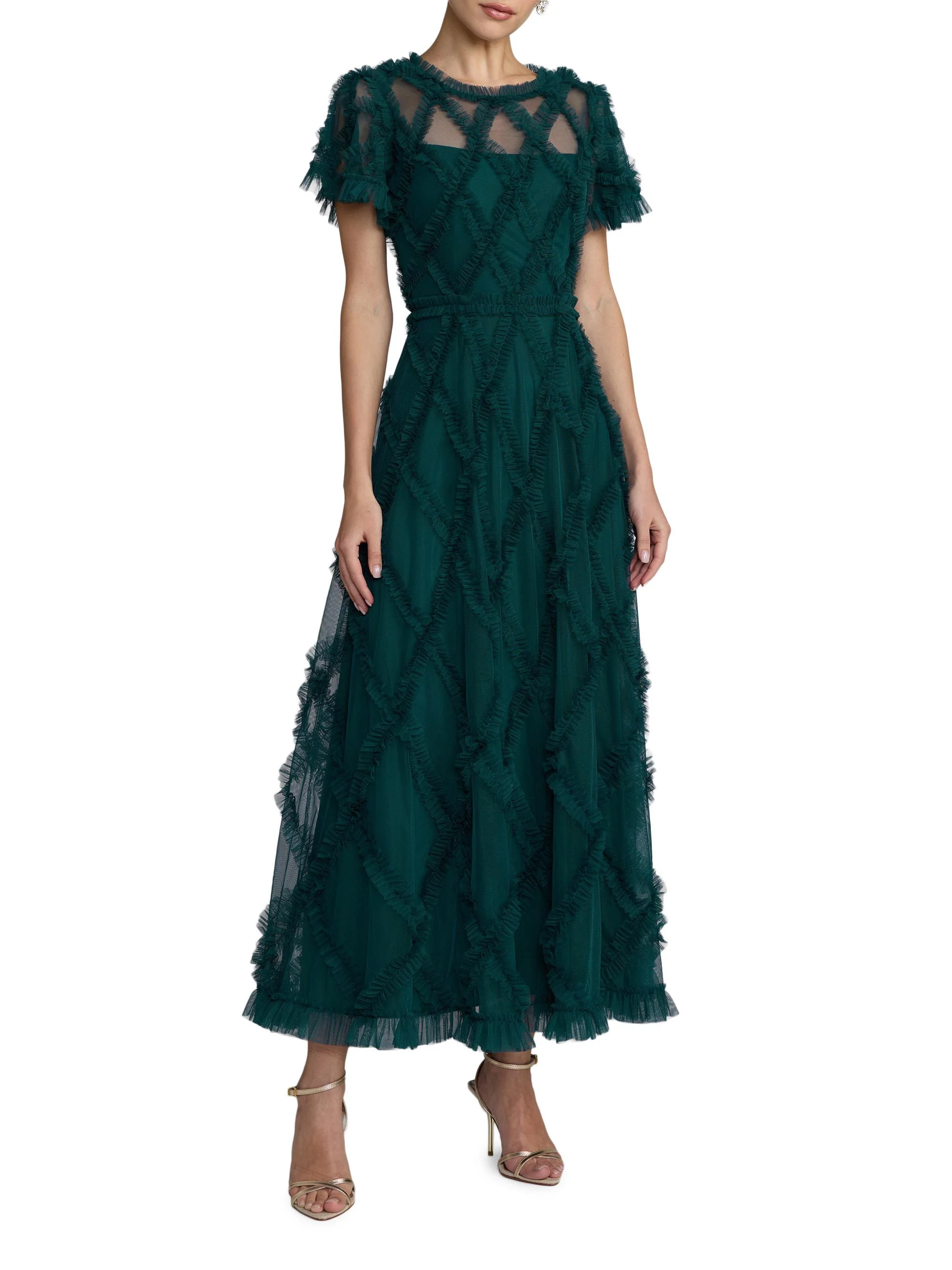 Women's Ruffled Diamond-Quilted Mesh Gown - Teal - 1