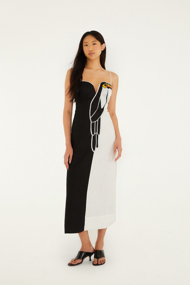 Black And White Embroidered Toucan Euroflax Premium Linen Sleeveless Maxi Dress 1