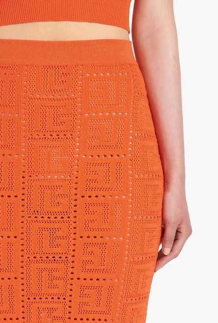 Mid-length dark orange eco-designed knit skirt with Balmain monogram - 7