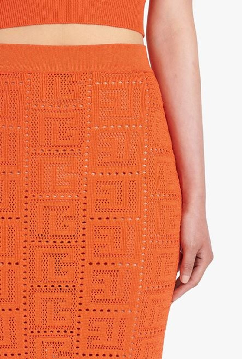 Mid-length dark orange eco-designed knit skirt with Balmain monogram 7
