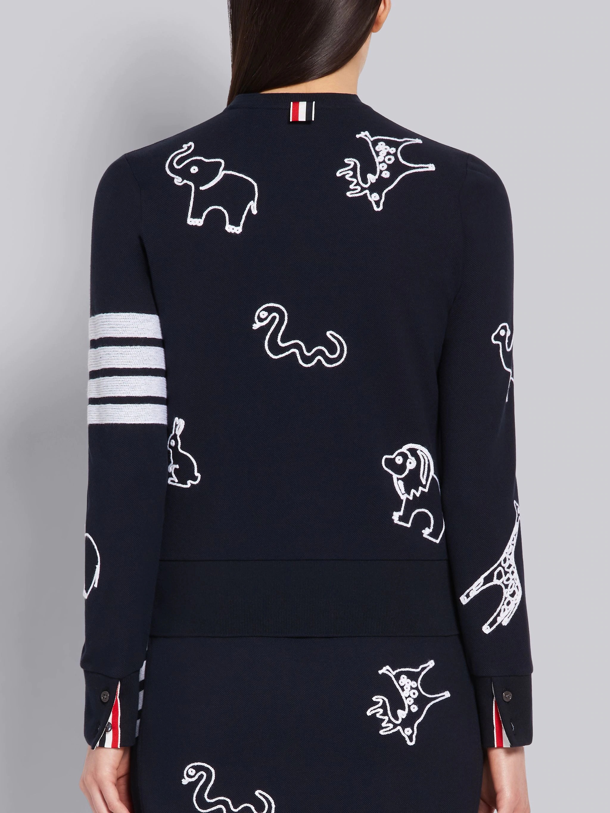 Navy Classic Cotton Pique Animal Icon Embroidery Crewneck 4-Bar Cardigan - 3