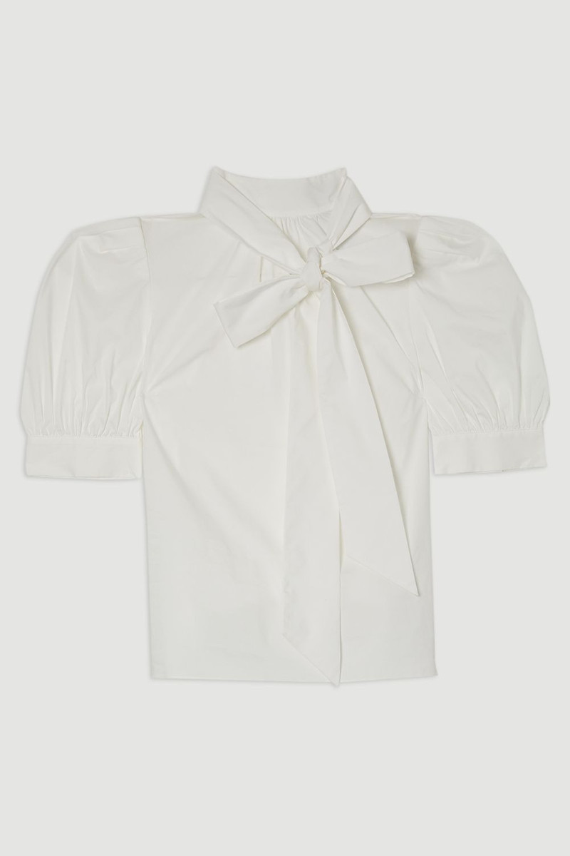 Cotton Poplin Pussy Bow Puff Sleeve Woven Blouse 4