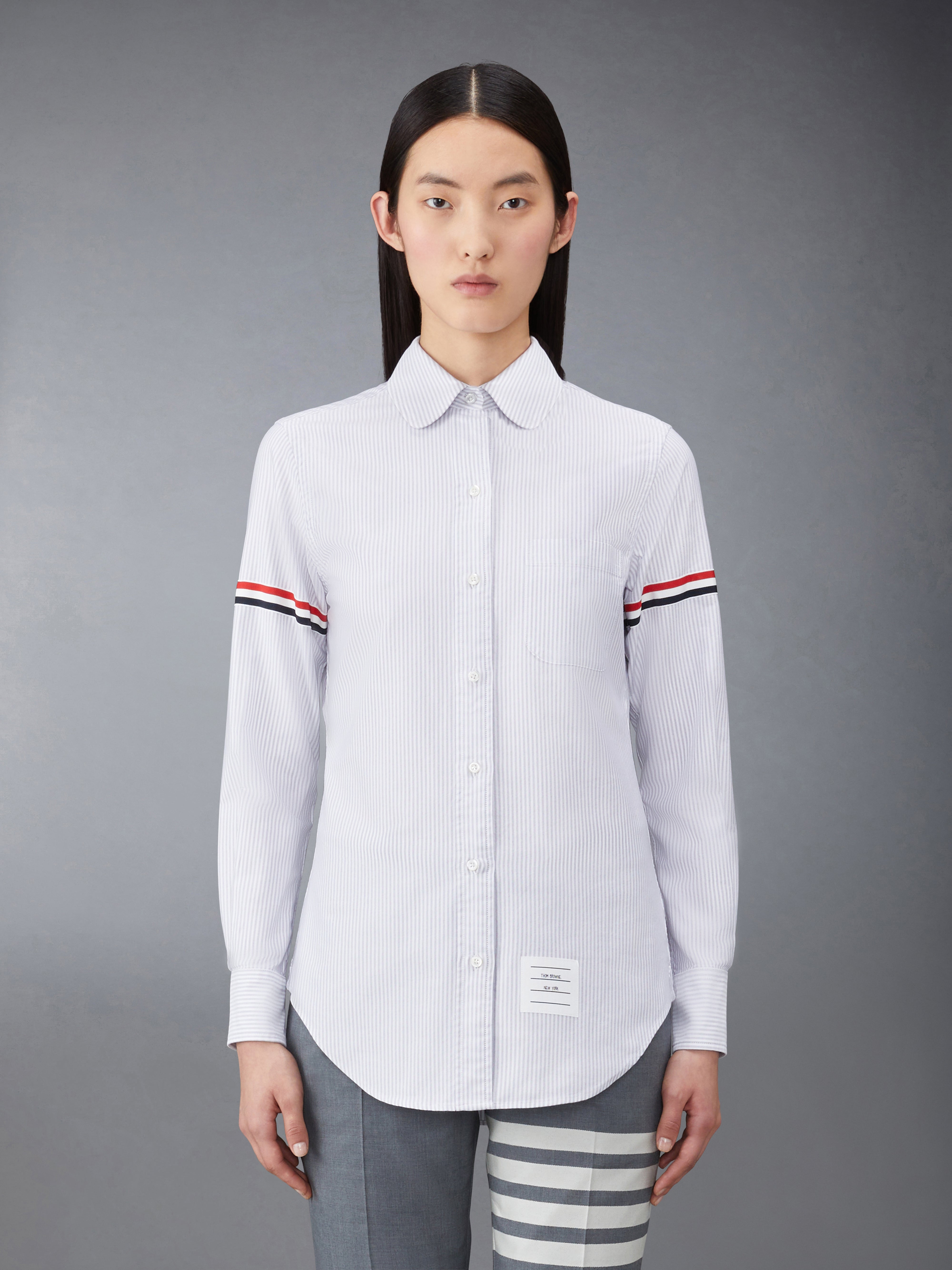 Medium Grey University Stripe Oxford Grosgrain Armband Long Sleeve Shirt - 2