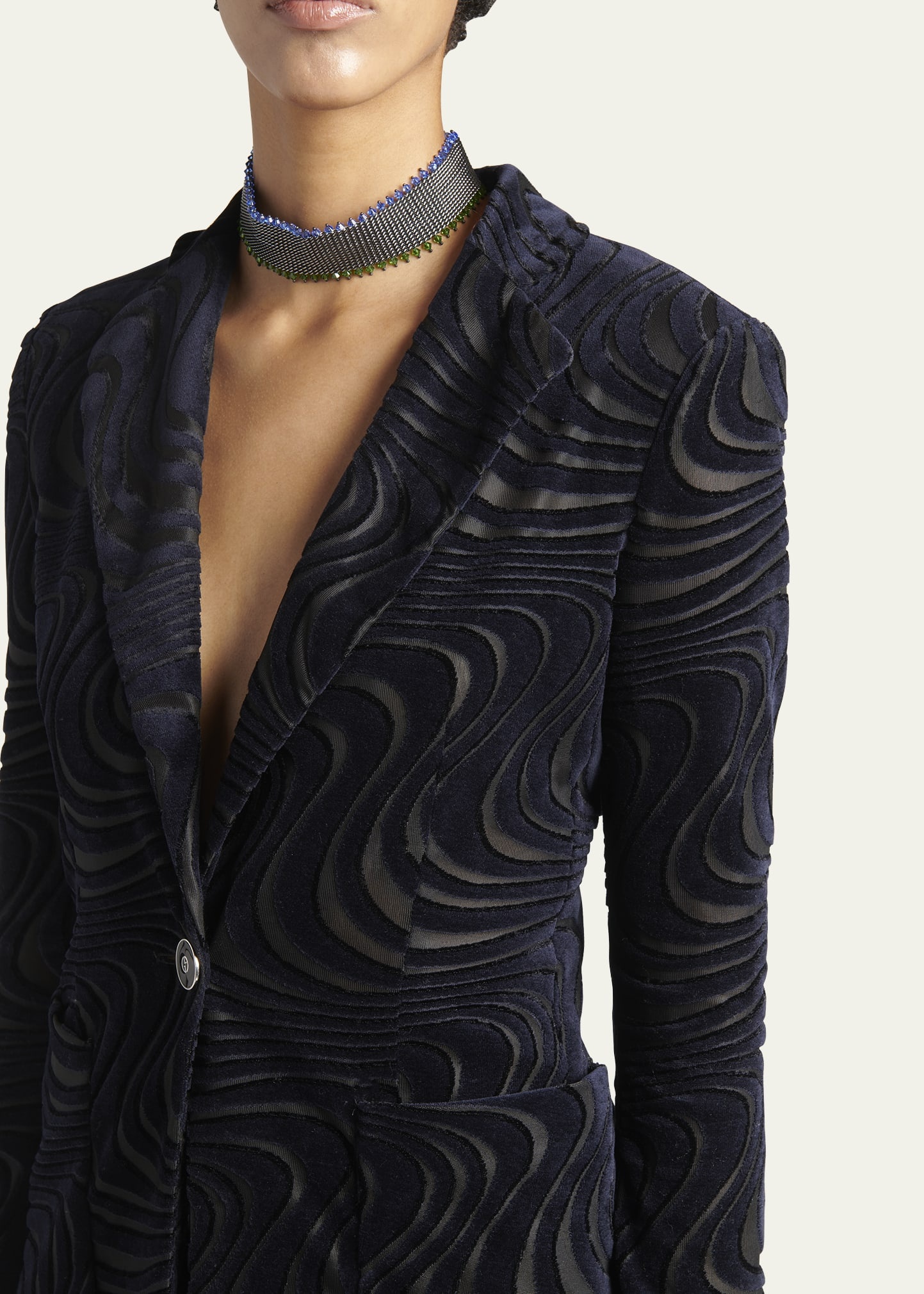 Swirl Jacquard Jersey Single-Breasted Blazer Jacket - 5