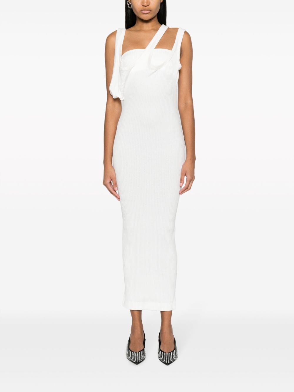 asymmetric-neckline ribbed dress - 2