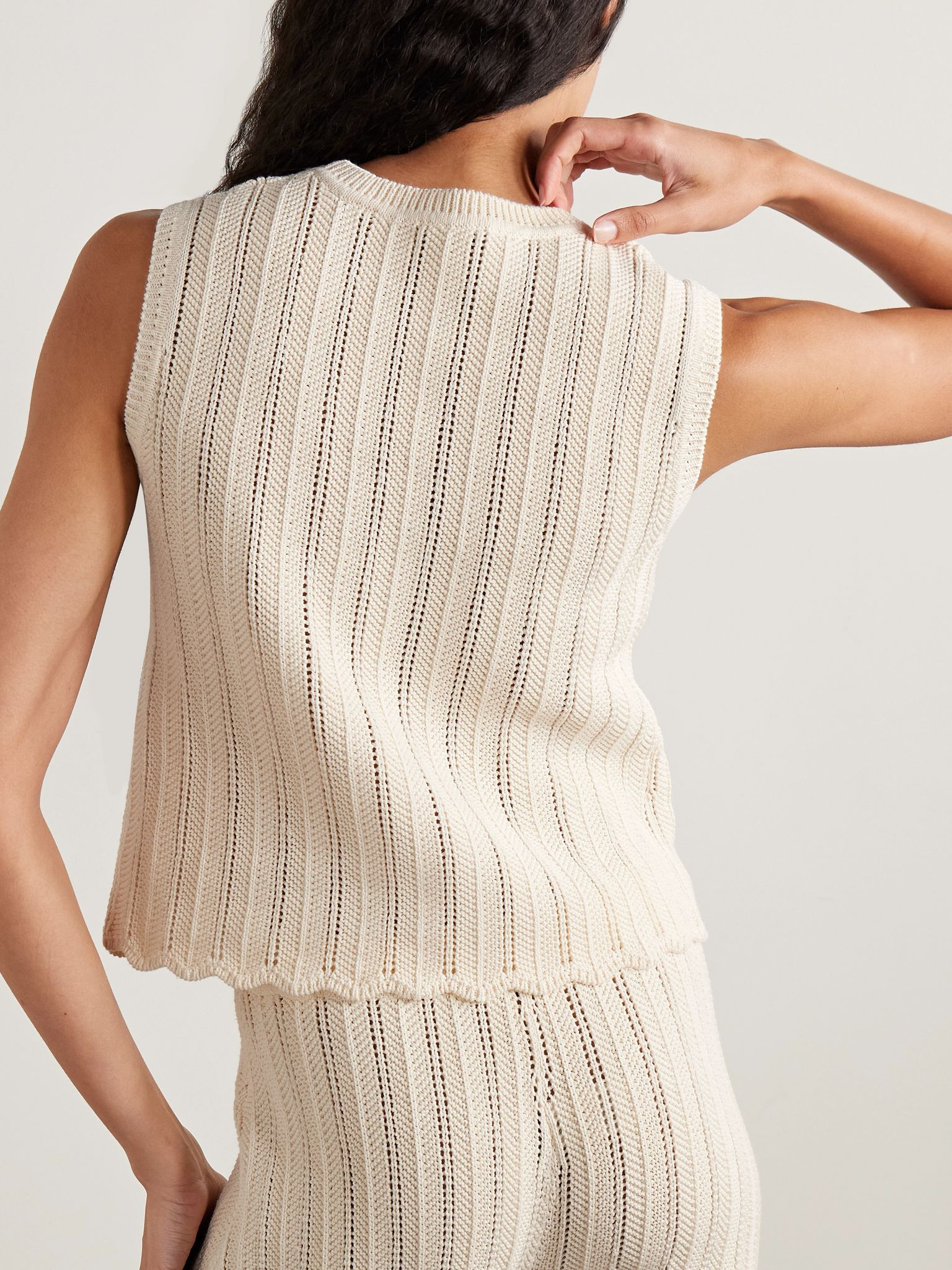 Zabou ribbed open-knit organic cotton top Ivory - 3