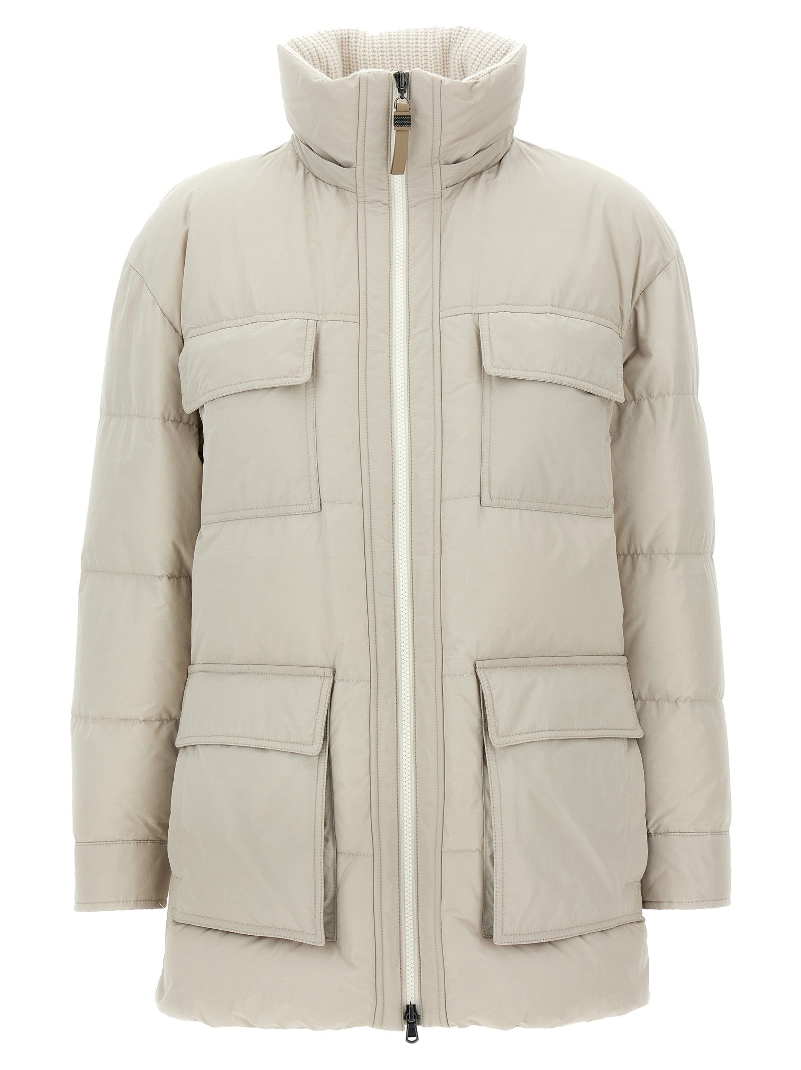 Knitted Neck Down Jacket Puffer Jackets Beige - 2
