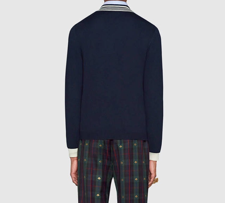 Gucci Men's Bee Pattern V-Neck Wool Sweater Blue 496442-X9I00-4650 - 5
