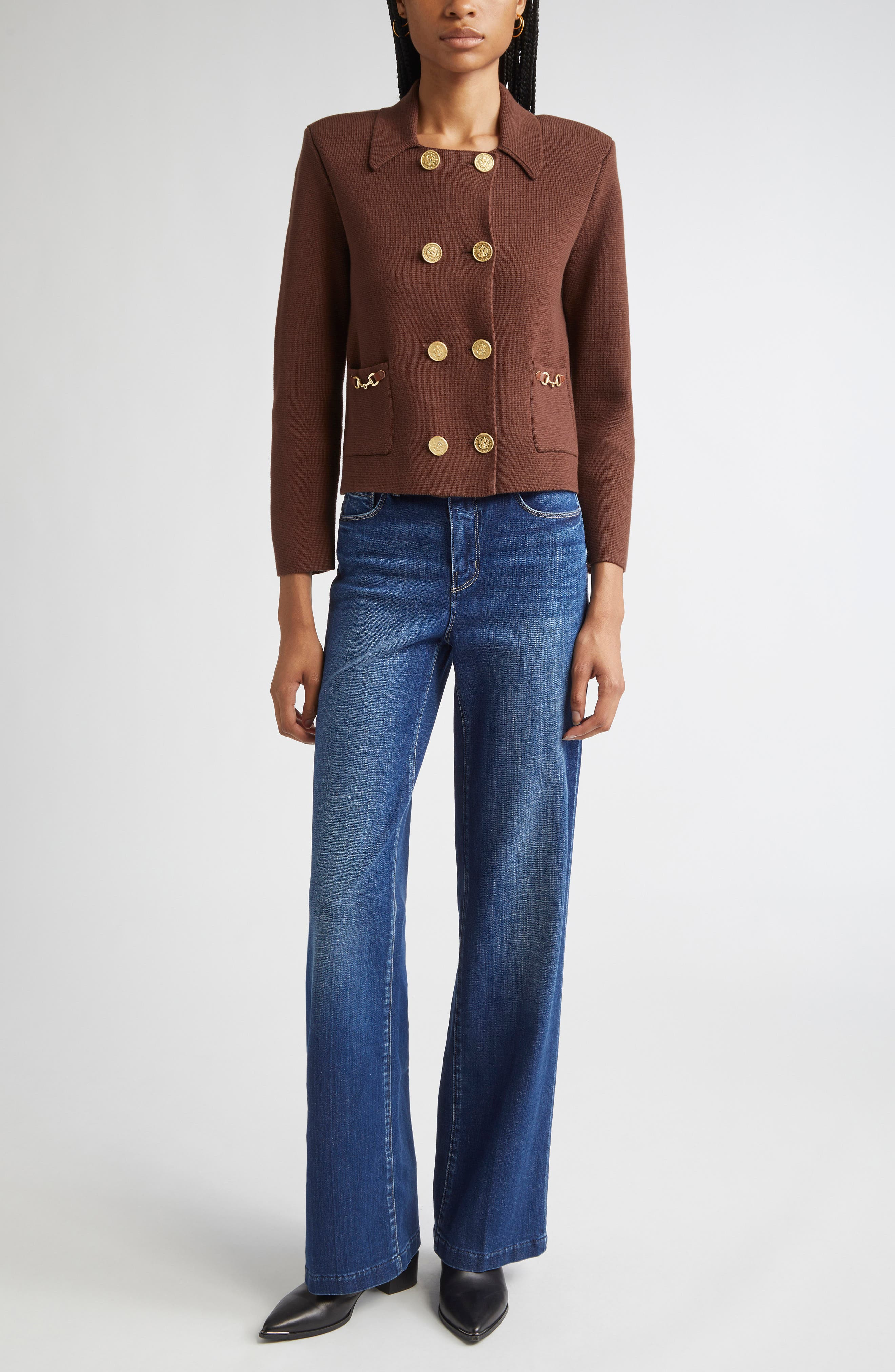 L'AGENCE Madilyn Double Breasted Knit Jacket in Chocolate/Gold at Nordstrom - 2