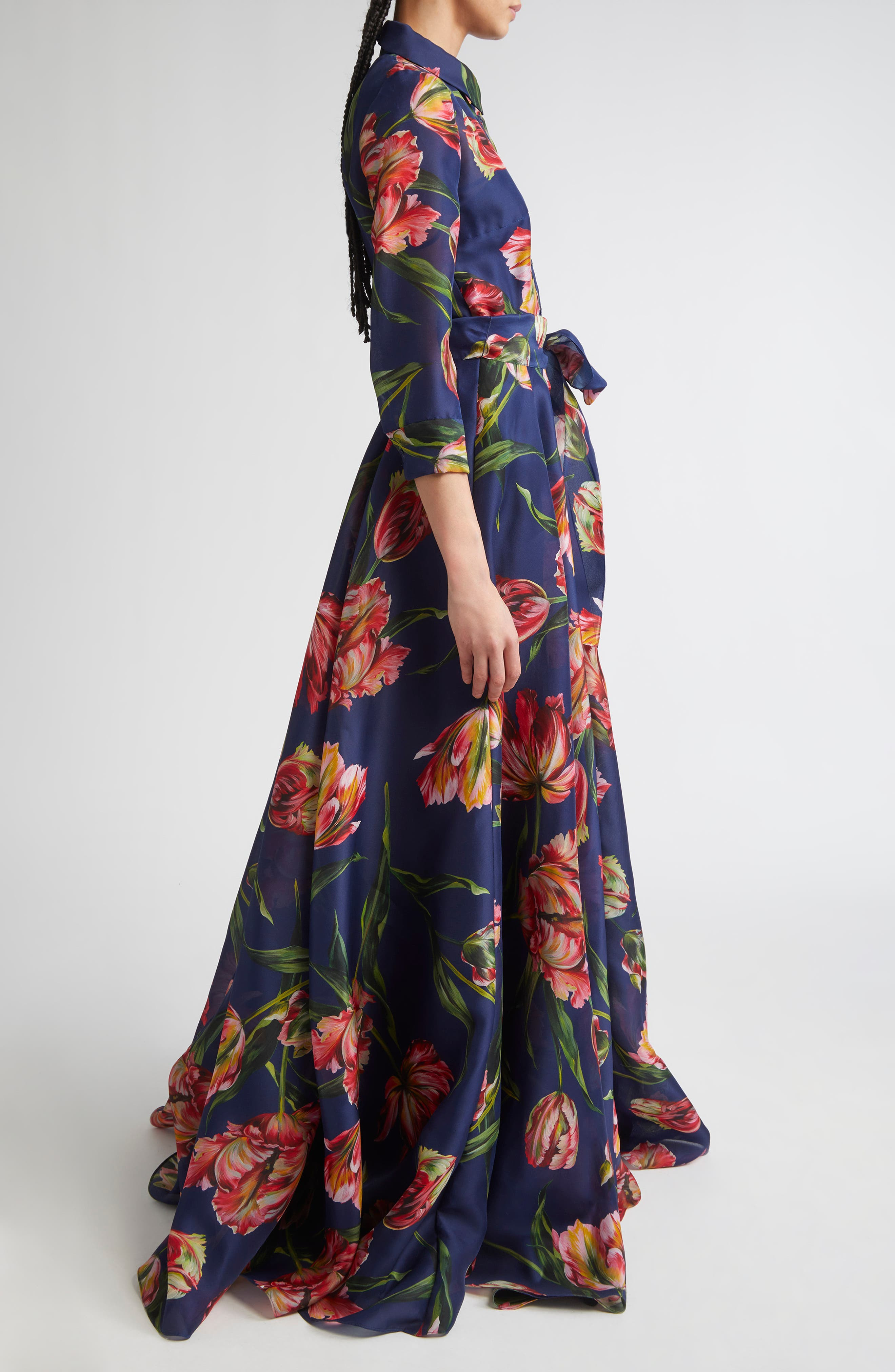 Carolina Herrera Tulip Print Silk Gazar Trench Gown in Dark Navy Multi at Nordstrom - 3