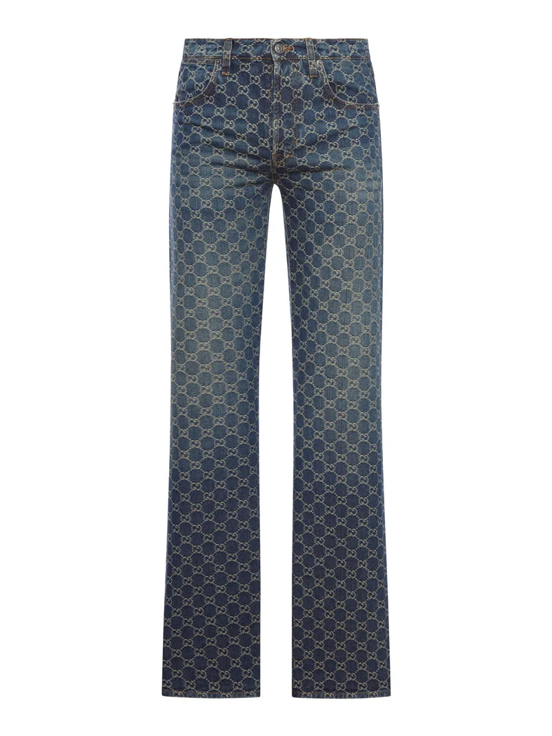 Gucci Men Gg Jacquard Cotton Denim Trousers - 1